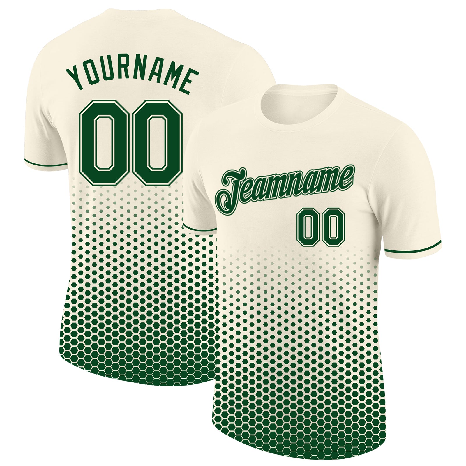 Custom Cream-Green Geometric Hexagonal Dot Gradient Performance T-Shirt