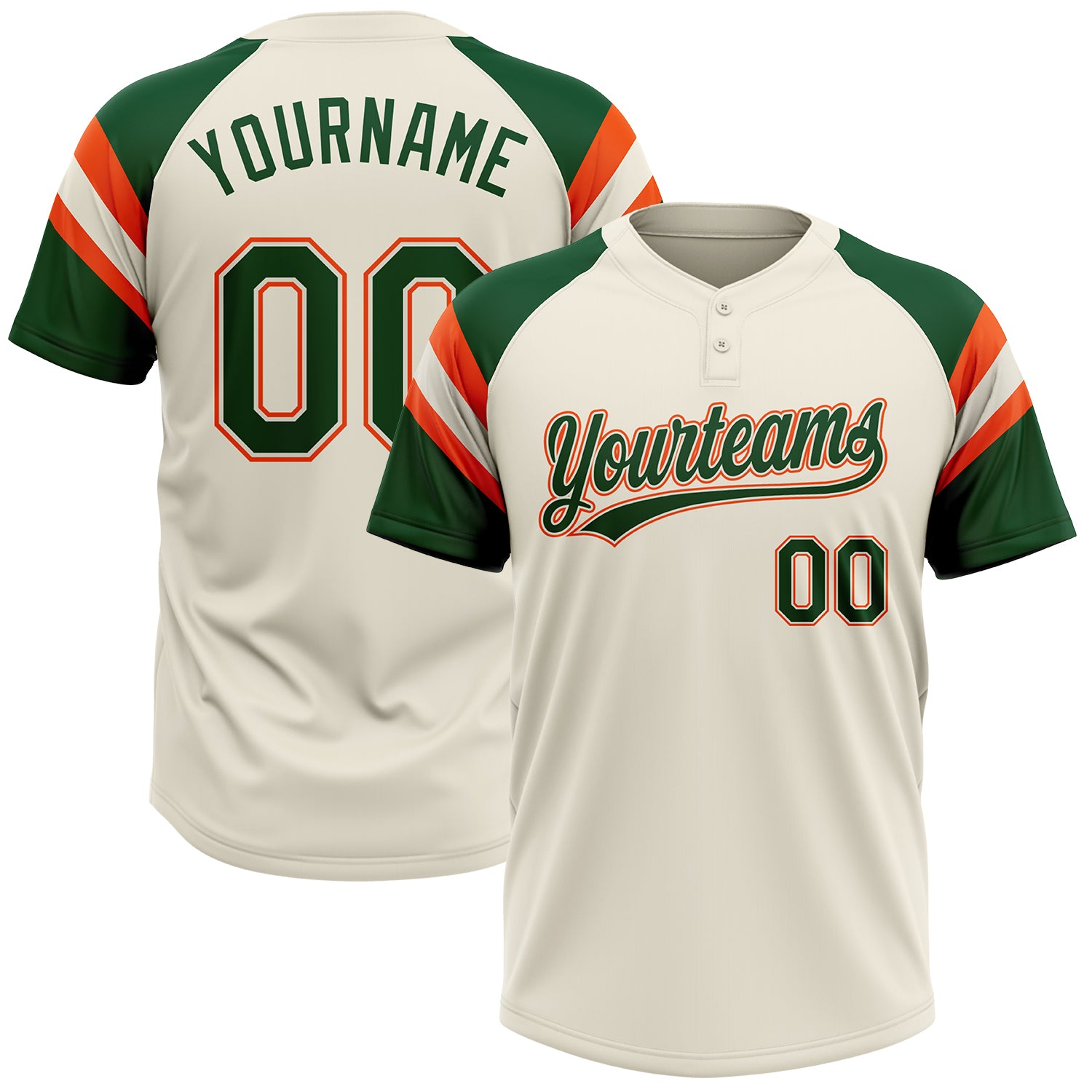 Custom Cream Green-Orange Raglan Sleeves Stripes Two-Button Unisex Softball Jersey
