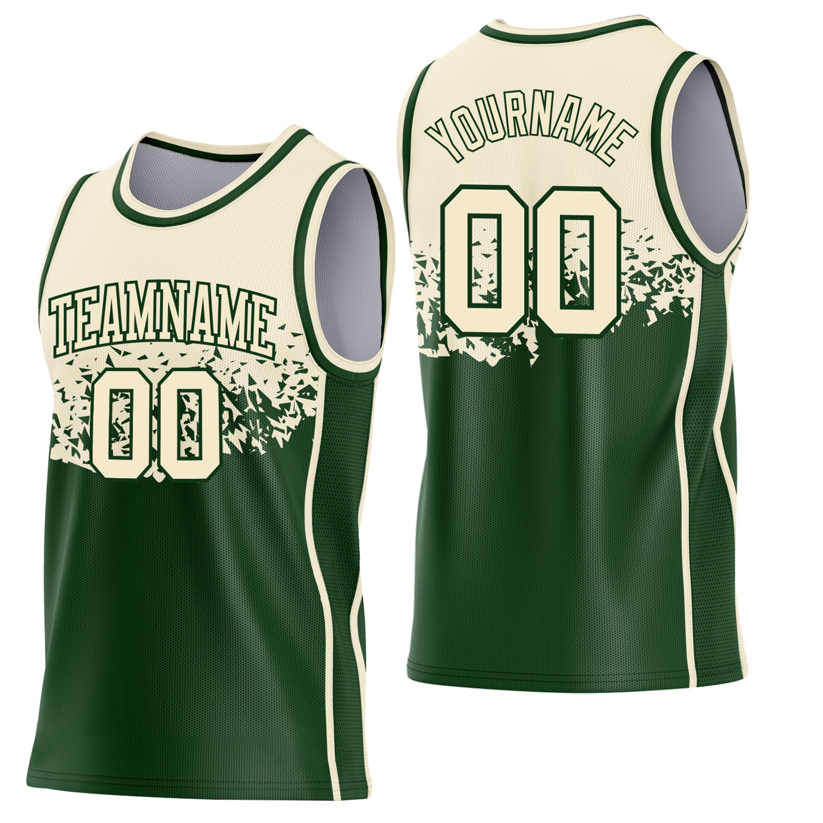 Custom Cream-Green Shattered Geometric Side Panel Stripe Round Neck Sublimation Basketball Set Jersey