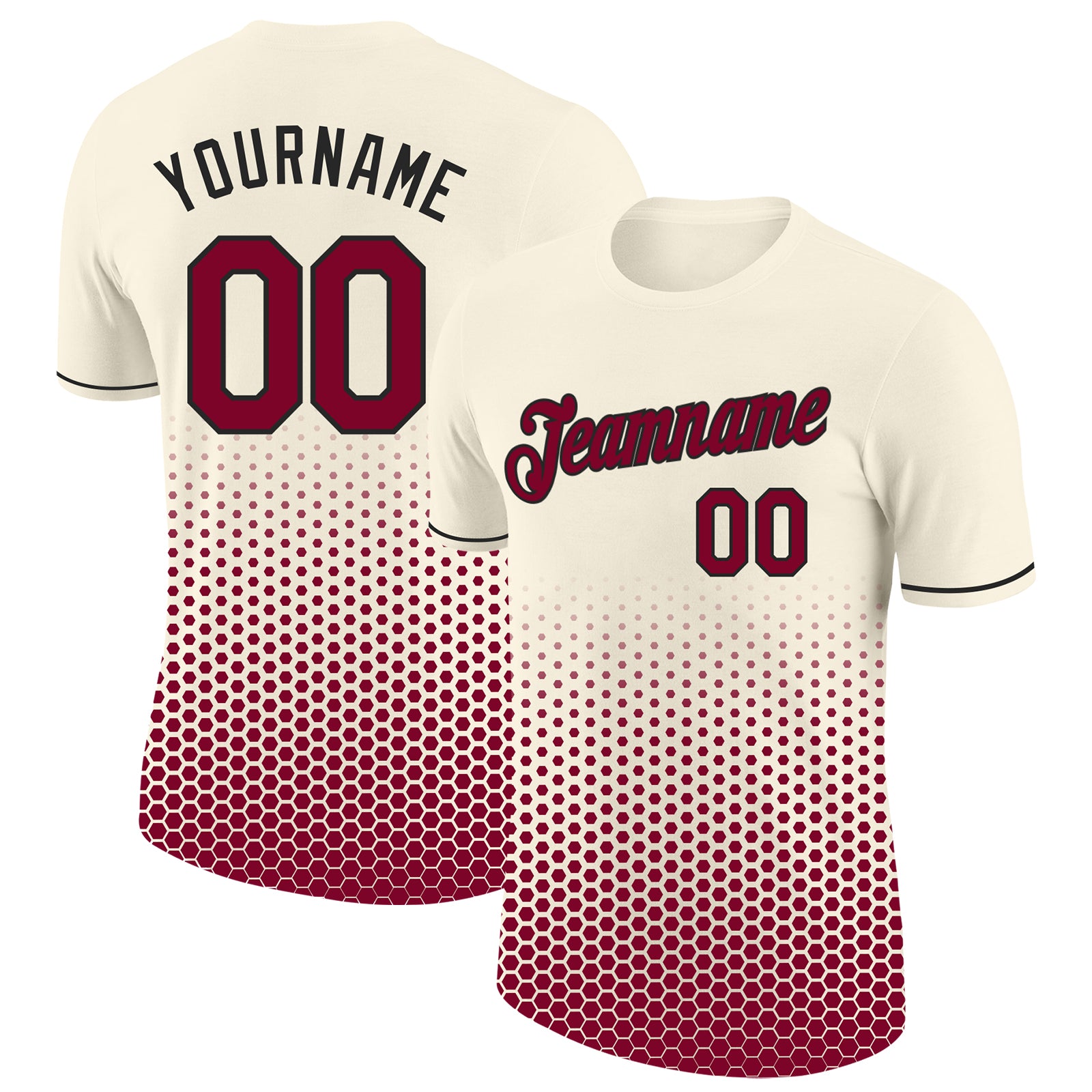 Custom Cream Maroon-Black Geometric Hexagonal Dot Gradient Performance T-Shirt