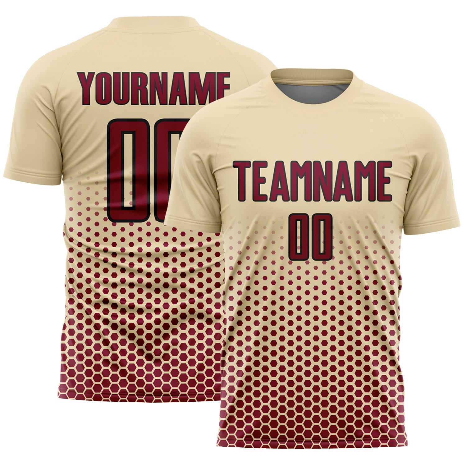 Custom Cream Maroon-Black Geometric Hexagonal Dot Gradient Sublimation Soccer Uniform Jersey