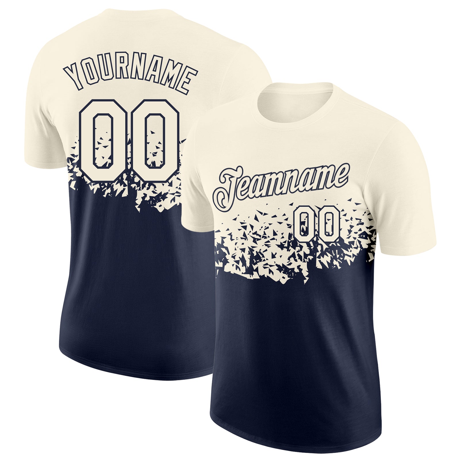 Custom Cream-Navy Fade Geometric Splatter Fragmented Shards Performance T-Shirt