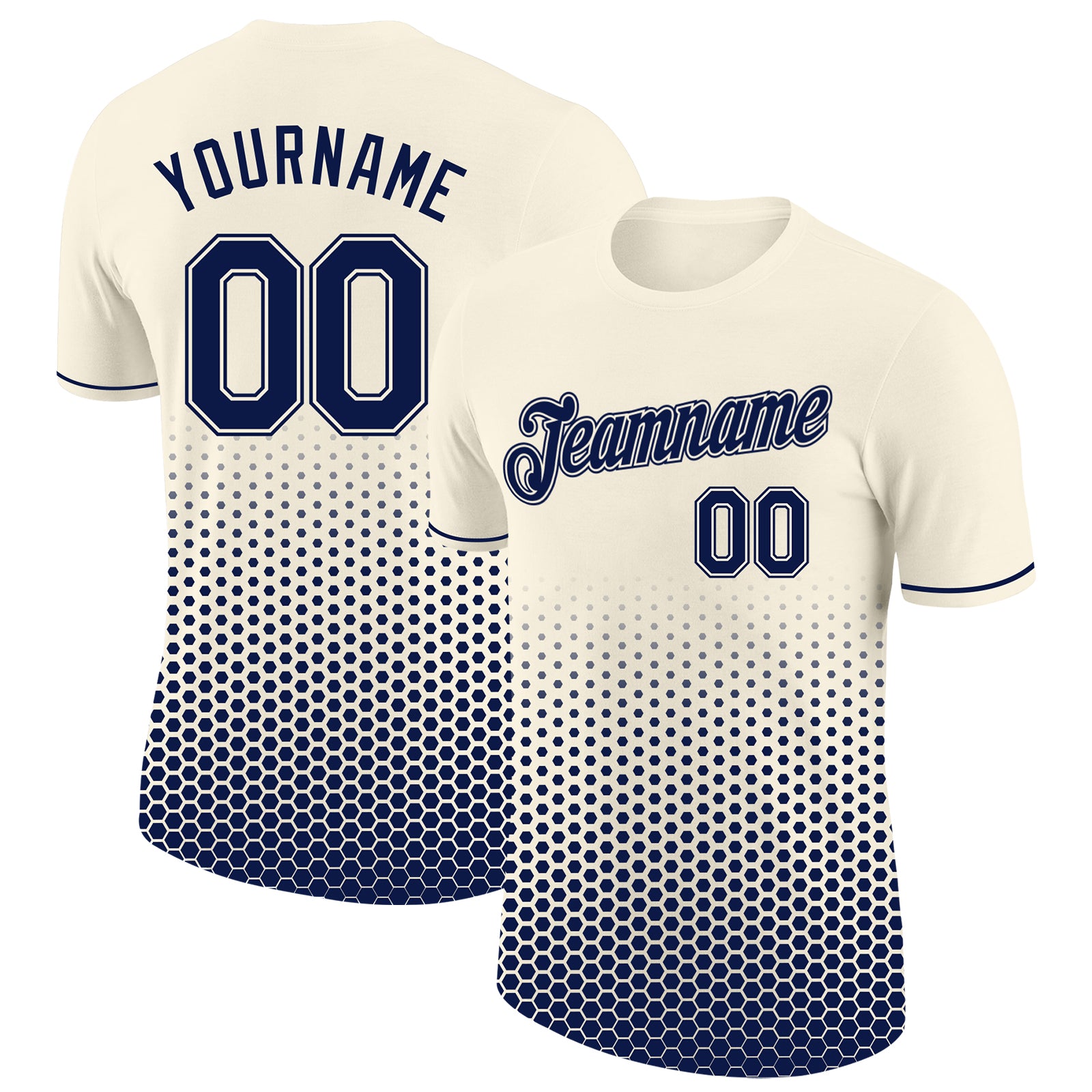 Custom Cream-Navy Geometric Hexagonal Dot Gradient Performance T-Shirt