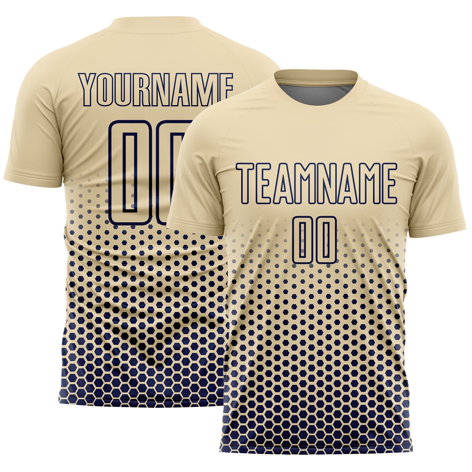 Custom Cream-Navy Geometric Hexagonal Dot Gradient Sublimation Soccer Uniform Jersey