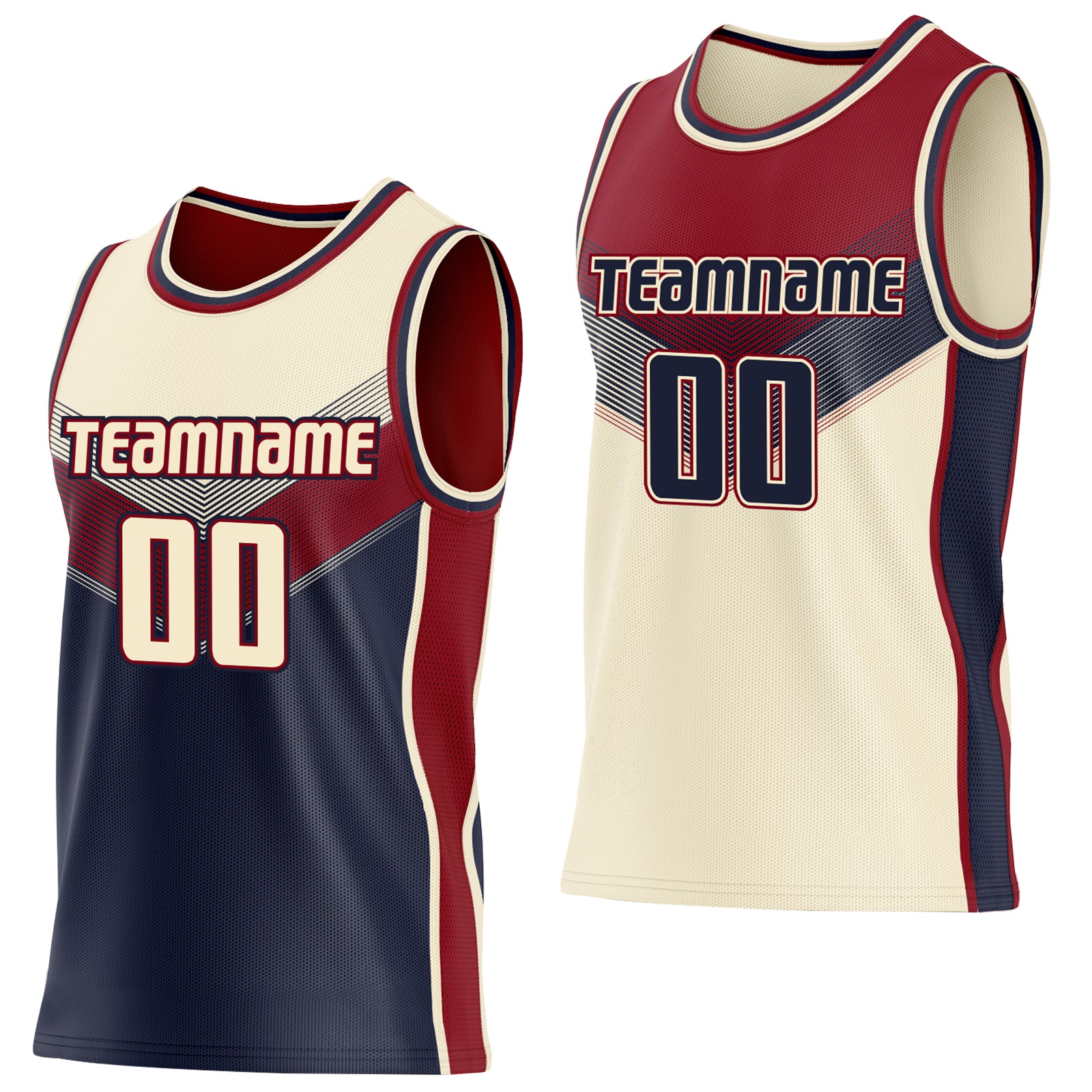Custom Cream Navy-Maroon Side Panel Stripe Geometric V-Cut Color Block Reversible Double Side Sublimation Basketball Set Jersey