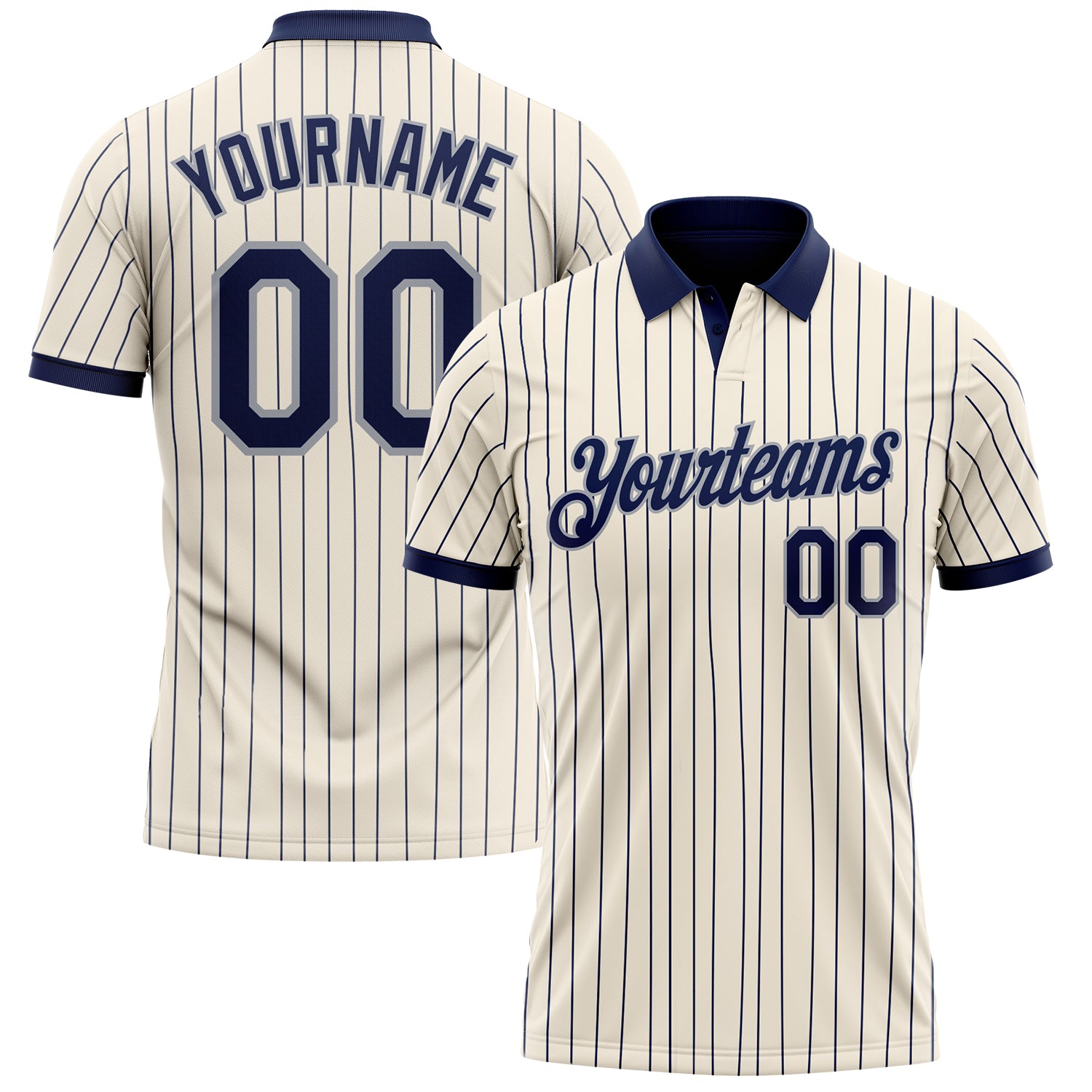 Custom Cream Navy Pinstripe-Gray Performance Polo Shirt