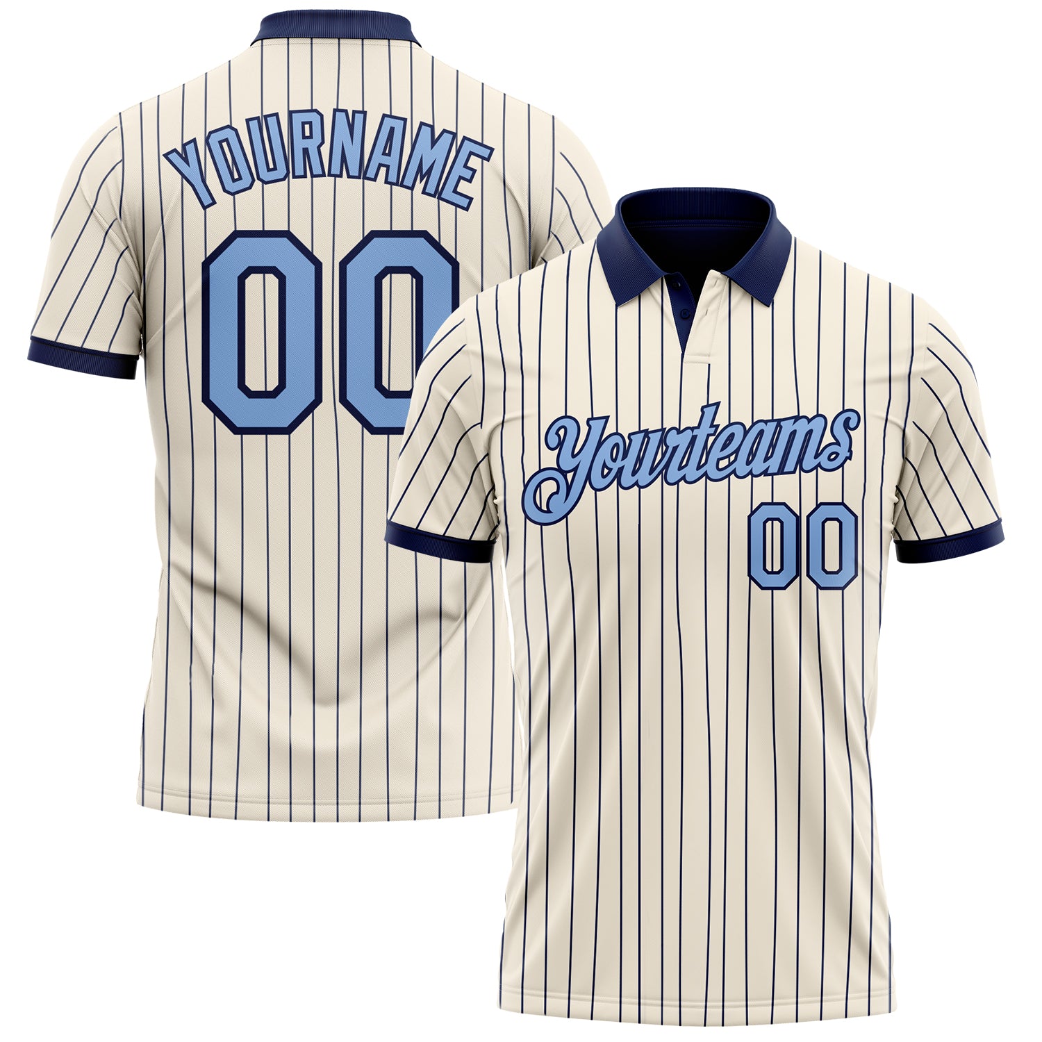 Custom Cream Navy Pinstripe-Light Blue Performance Polo Shirt