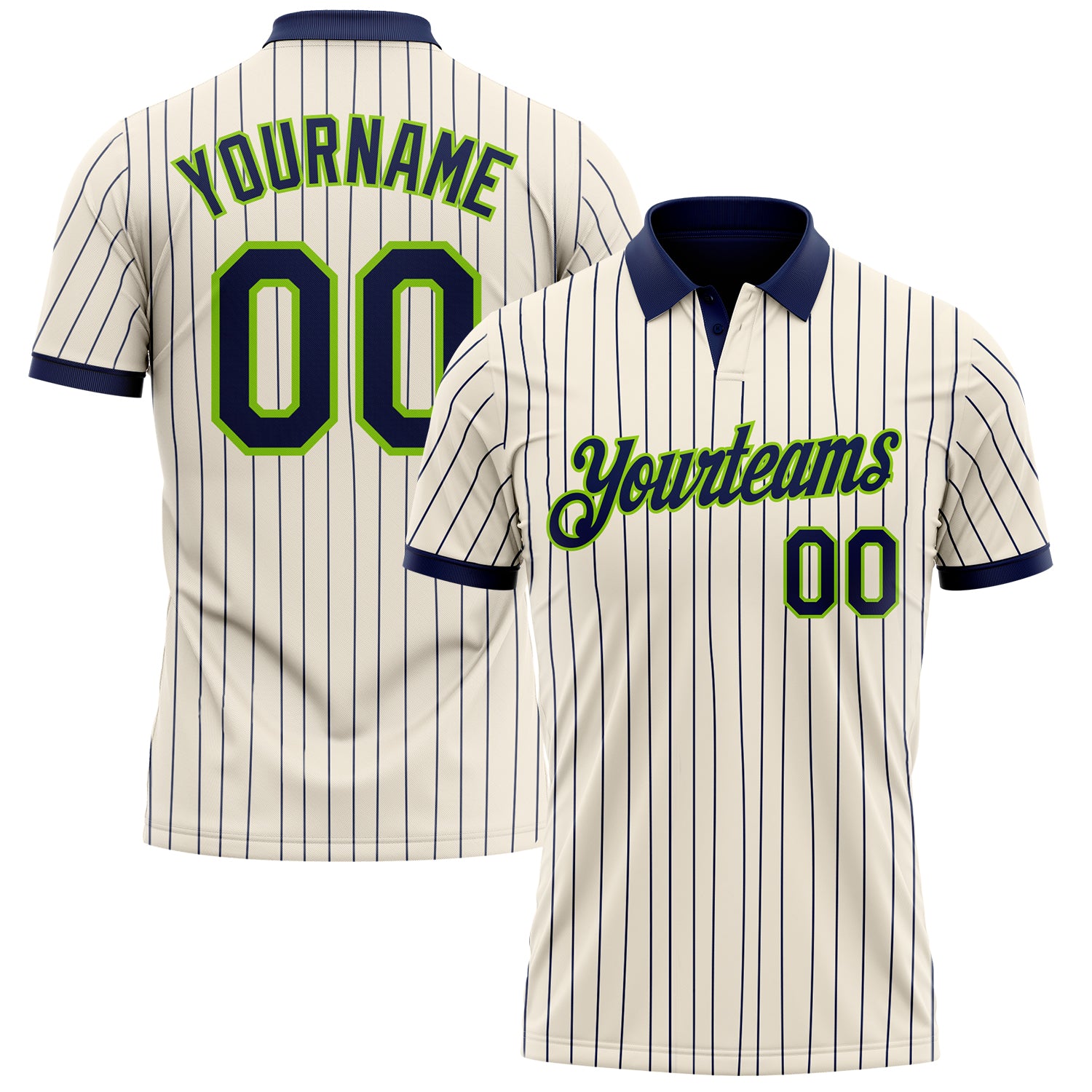 Custom Cream Navy Pinstripe-Neon Green Performance Polo Shirt