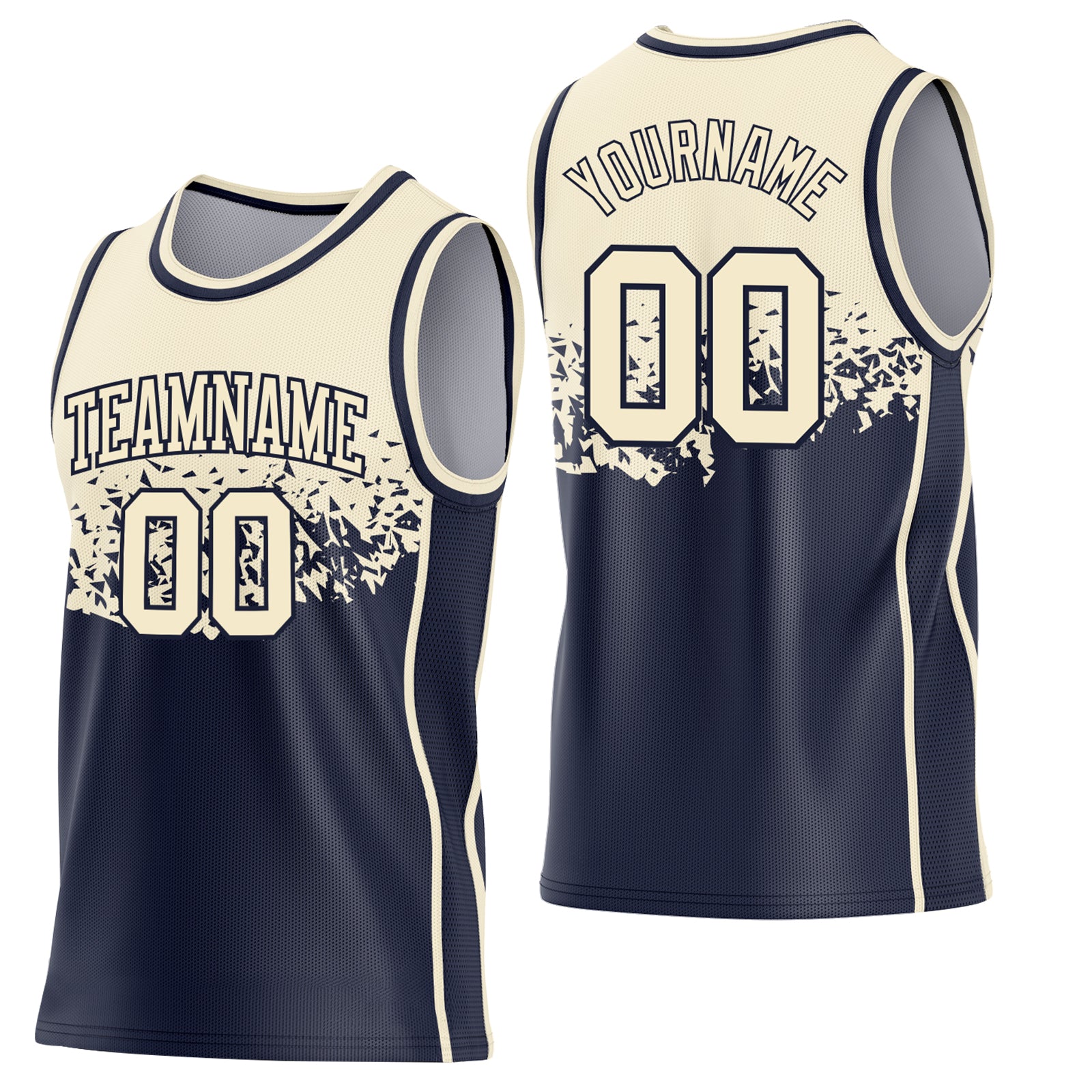 Custom Cream-Navy Shattered Geometric Side Panel Stripe Round Neck Sublimation Basketball Set Jersey