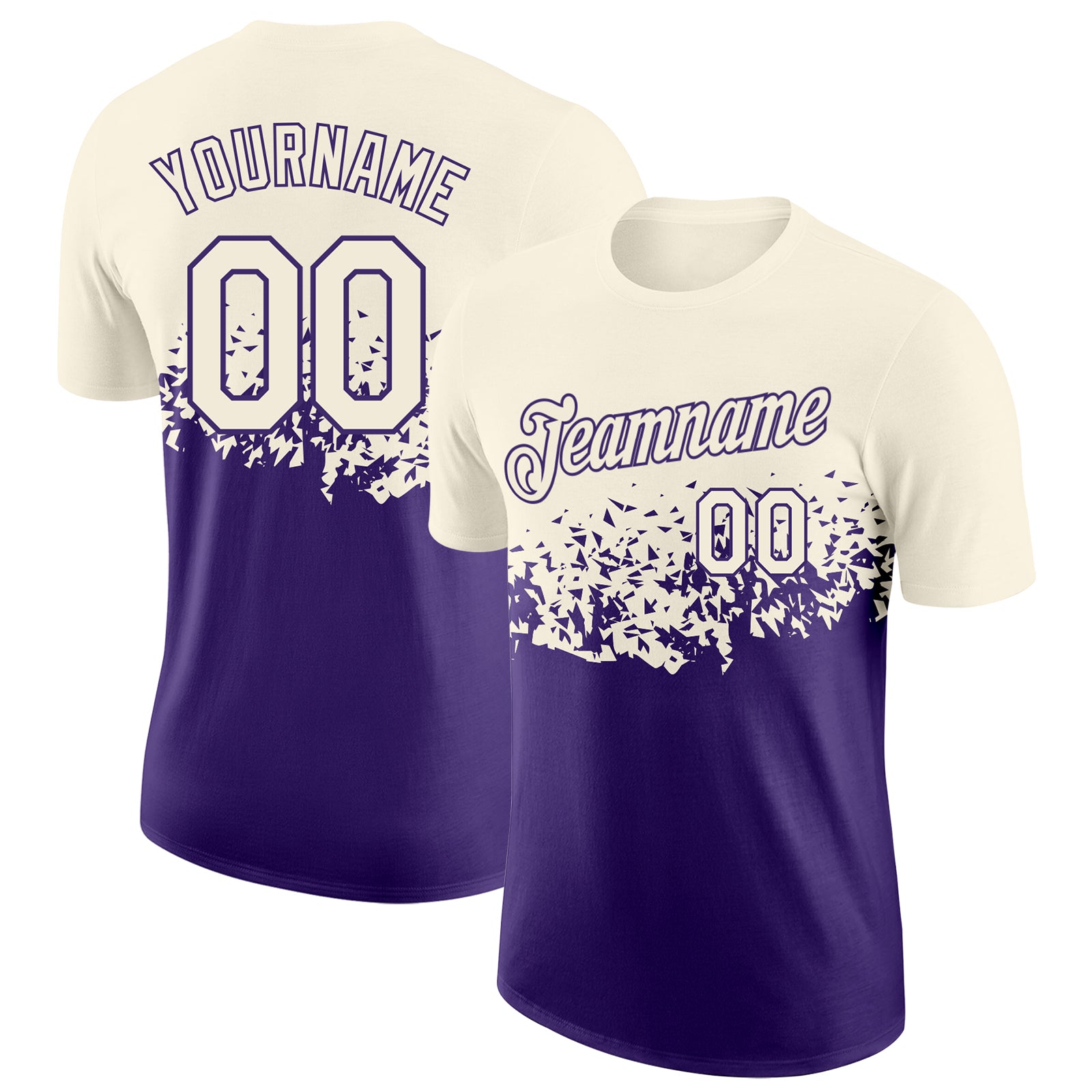 Custom Cream-Purple Fade Geometric Splatter Fragmented Shards Performance T-Shirt