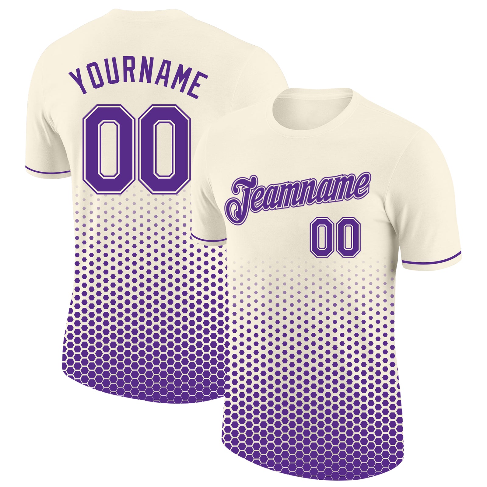 Custom Cream-Purple Geometric Hexagonal Dot Gradient Performance T-Shirt
