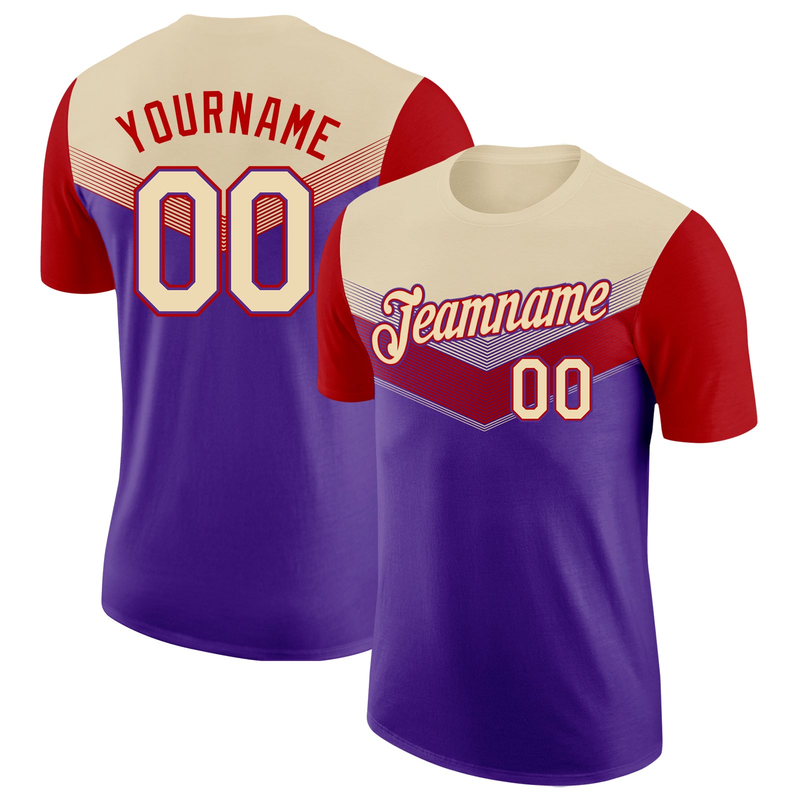 Custom Cream Purple-Red Geometric V-Lines Color Block Performance T-Shirt