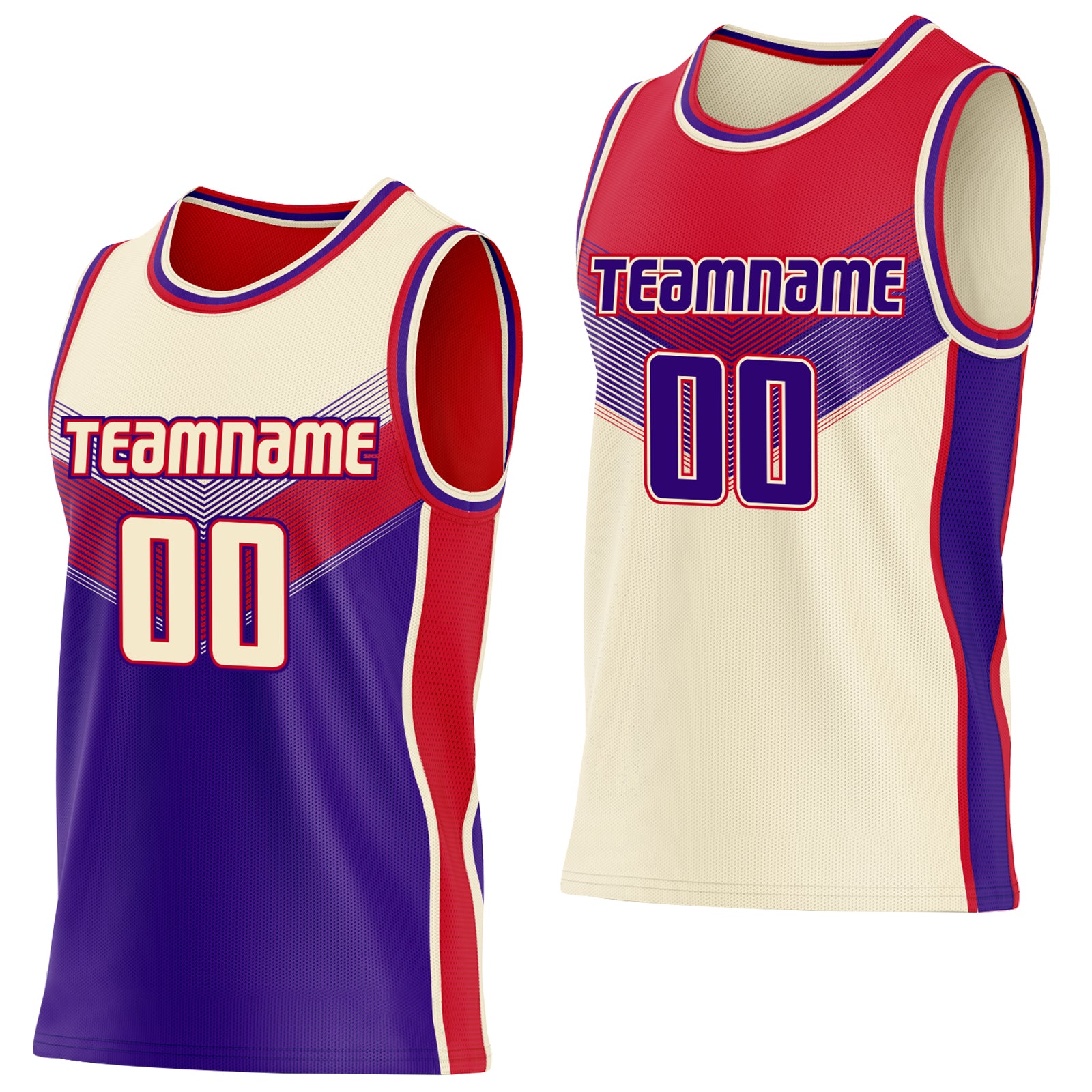 Custom Cream Purple-Red Side Panel Stripe Geometric V-Cut Color Block Reversible Double Side Sublimation Basketball Set Jersey
