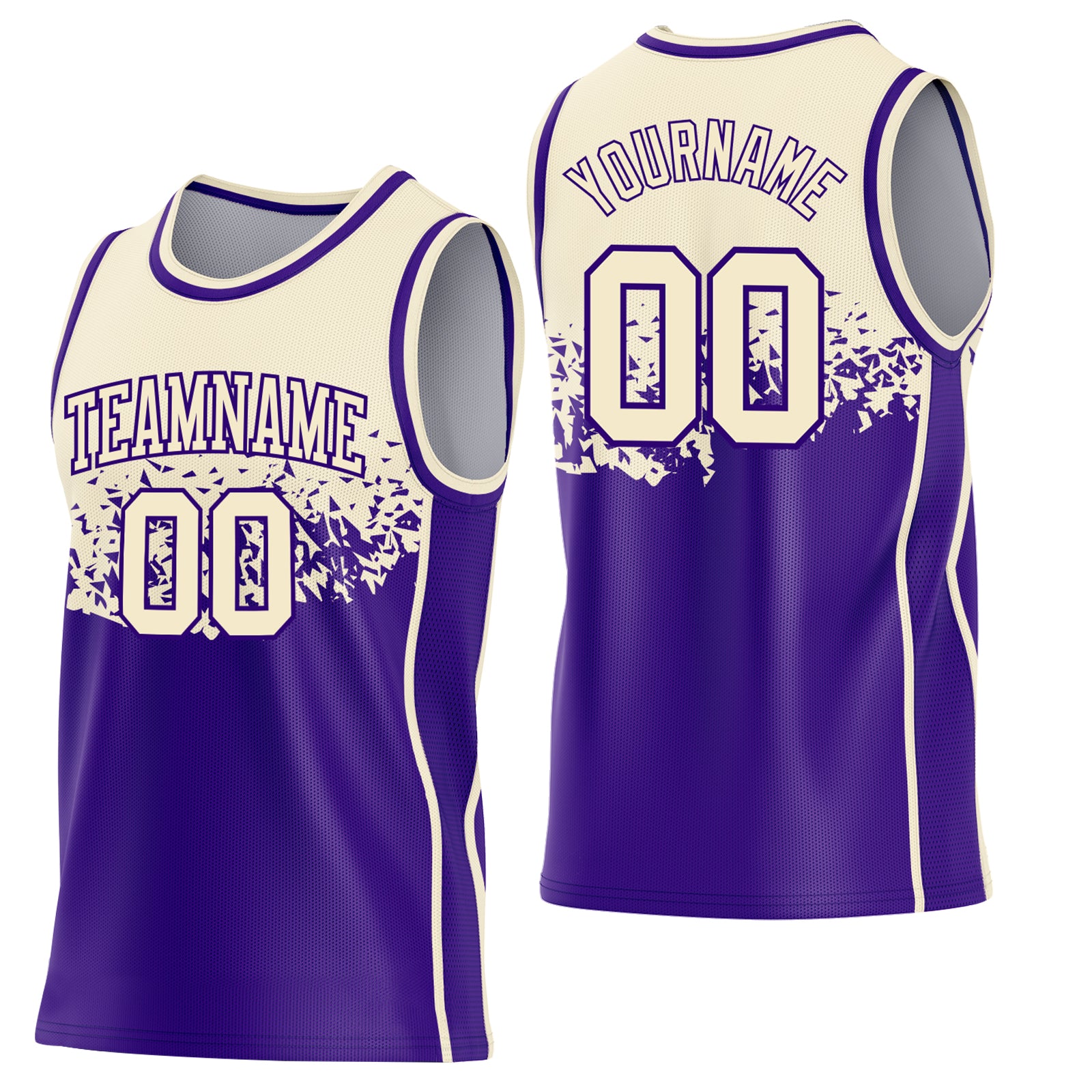 Custom Cream-Purple Shattered Geometric Side Panel Stripe Round Neck Sublimation Basketball Set Jersey