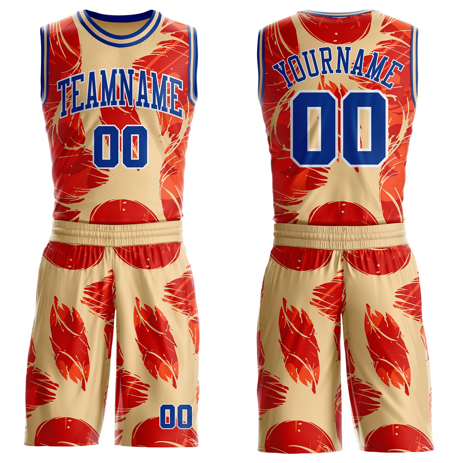 Custom Cream Royal Orange White-Yellow Feather Boho Style Round Neck Sublimation Basketball Uniform Jersey