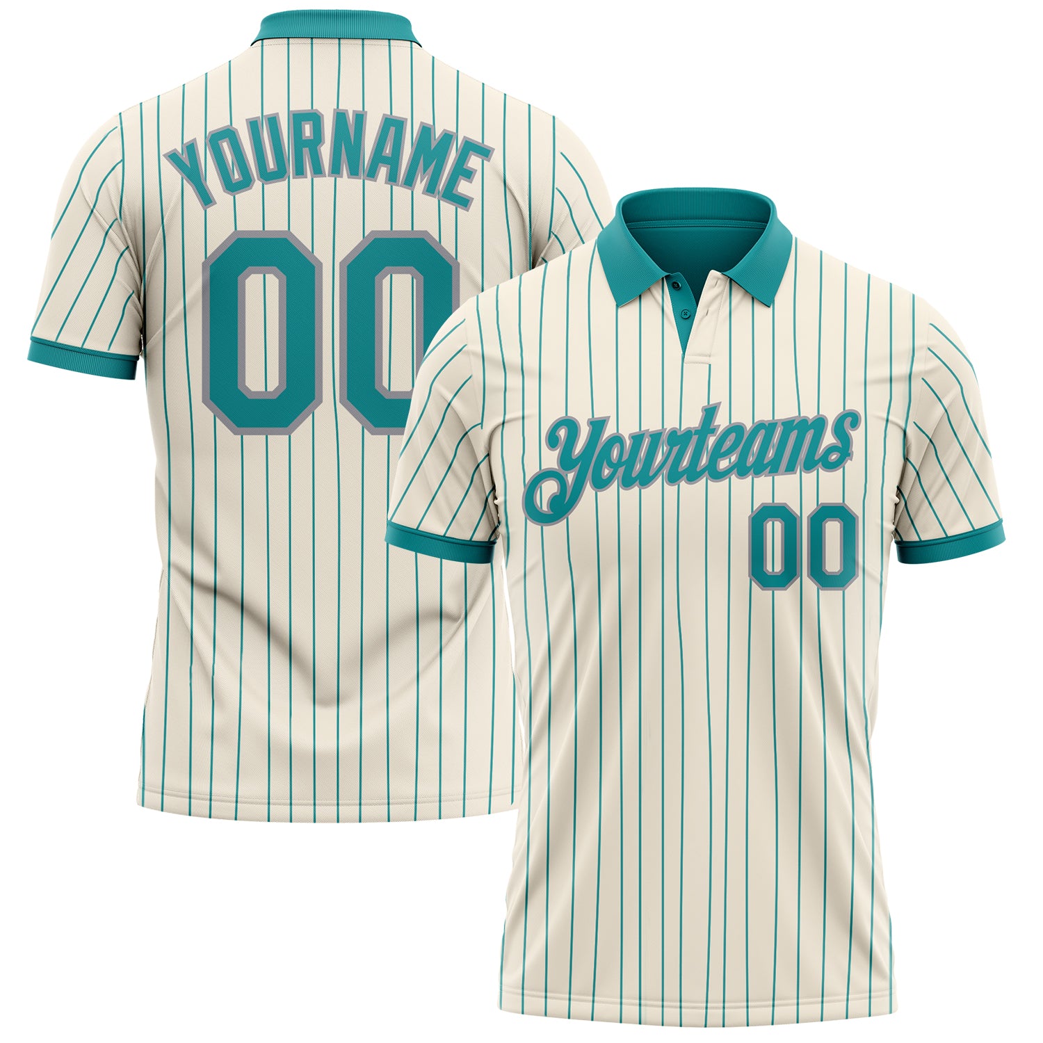 Custom Cream Teal Pinstripe-Gray Performance Polo Shirt