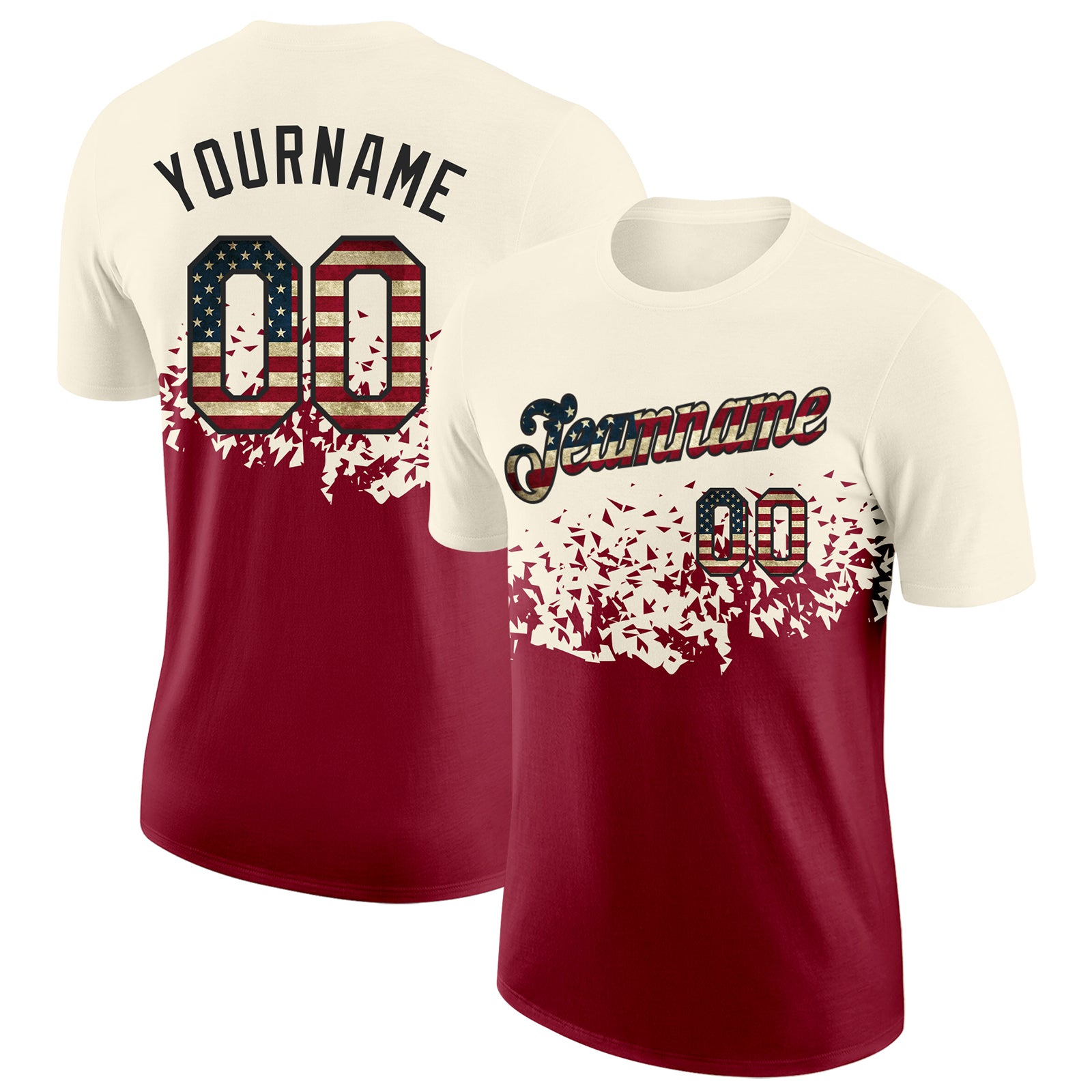 Custom Cream Vintage USA Flag Crimson-Black Fade Geometric Splatter Fragmented Shards Performance T-Shirt