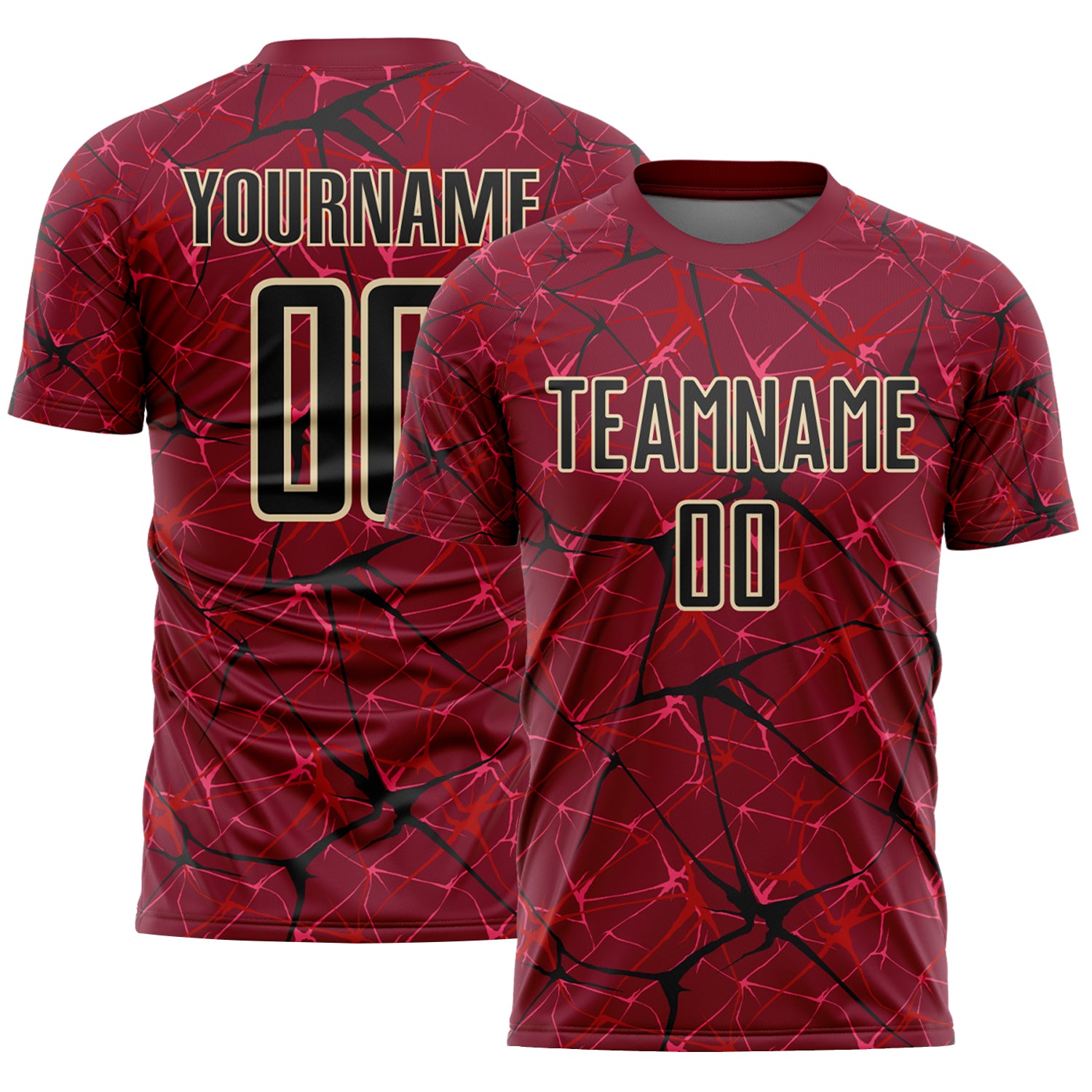 Custom Crimson Black-Cream Abstract Network Crackle Sublimation Soccer Uniform Jersey