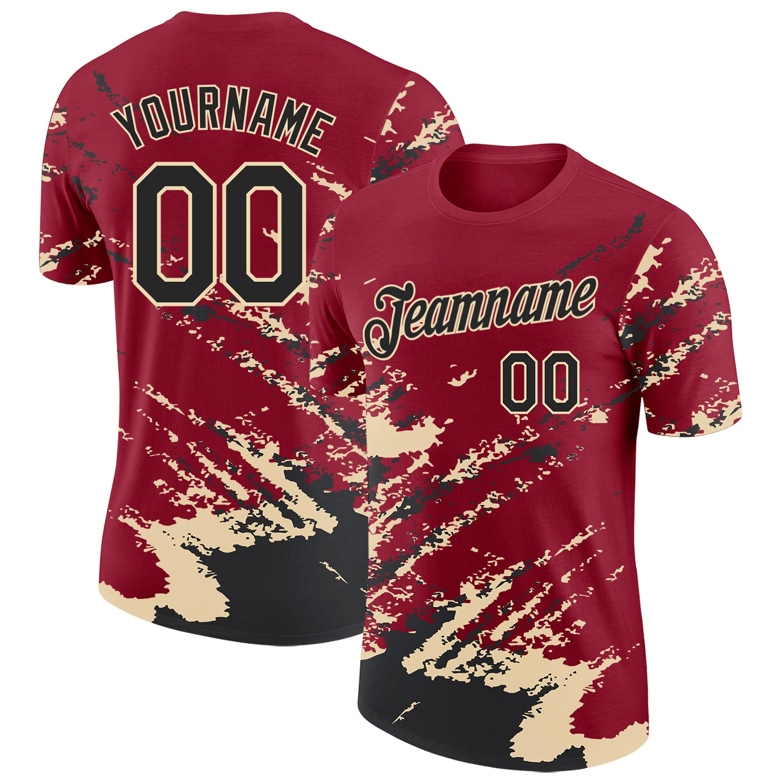 Custom Crimson Black-Cream Brush Stroke Shatter Splatter Performance T-Shirt
