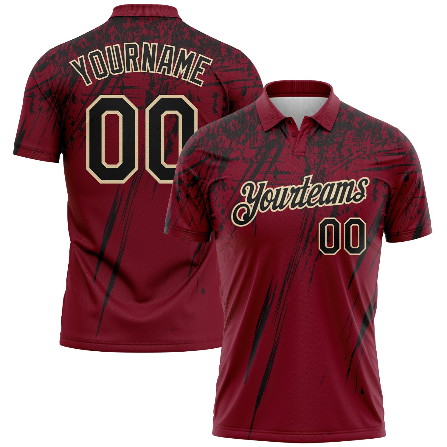 Custom Crimson Black-Cream Distressed Scratch Brush Stroke Performance Polo Shirt