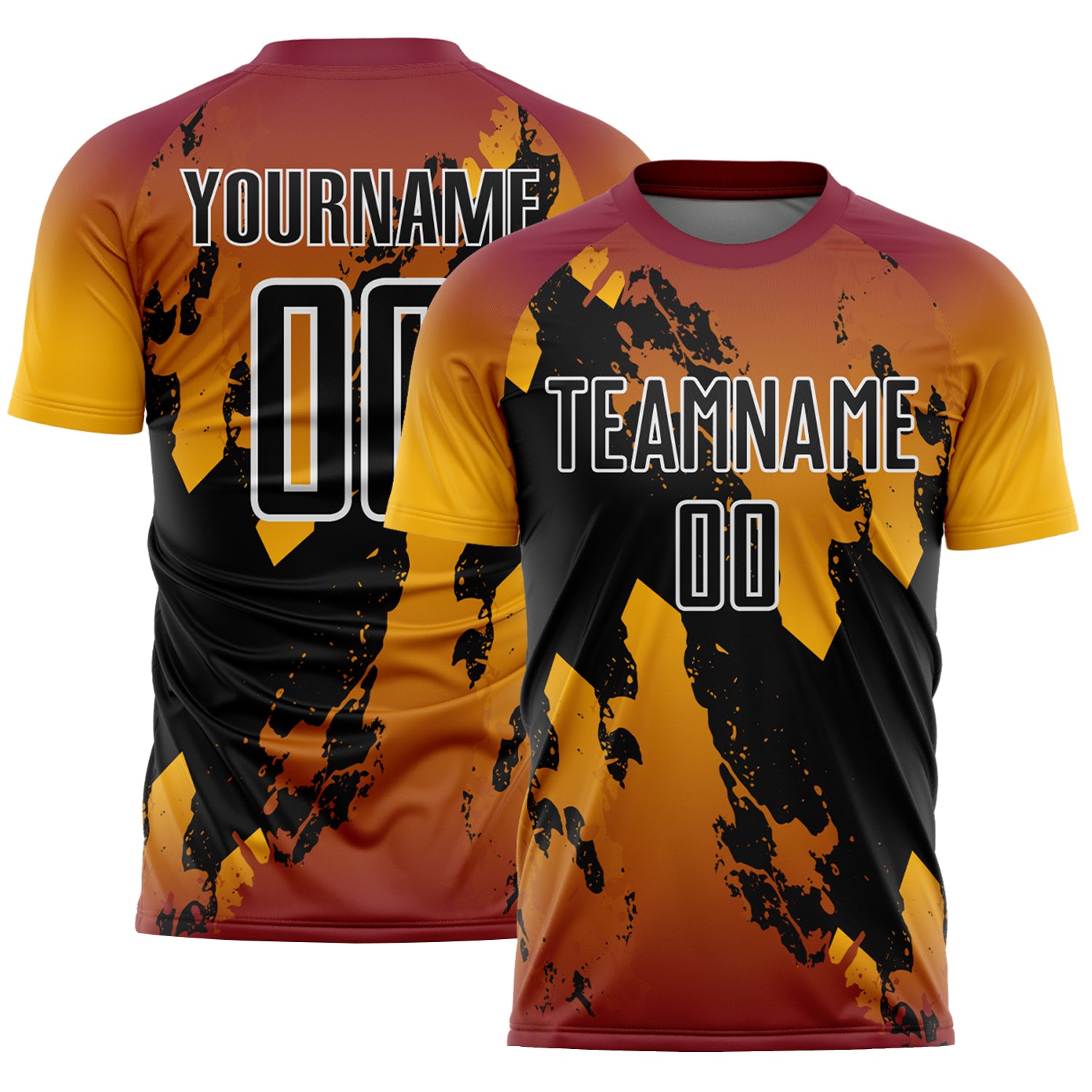 Custom Crimson Black Gold-White Gradient Splash Sublimation Soccer Uniform Jersey