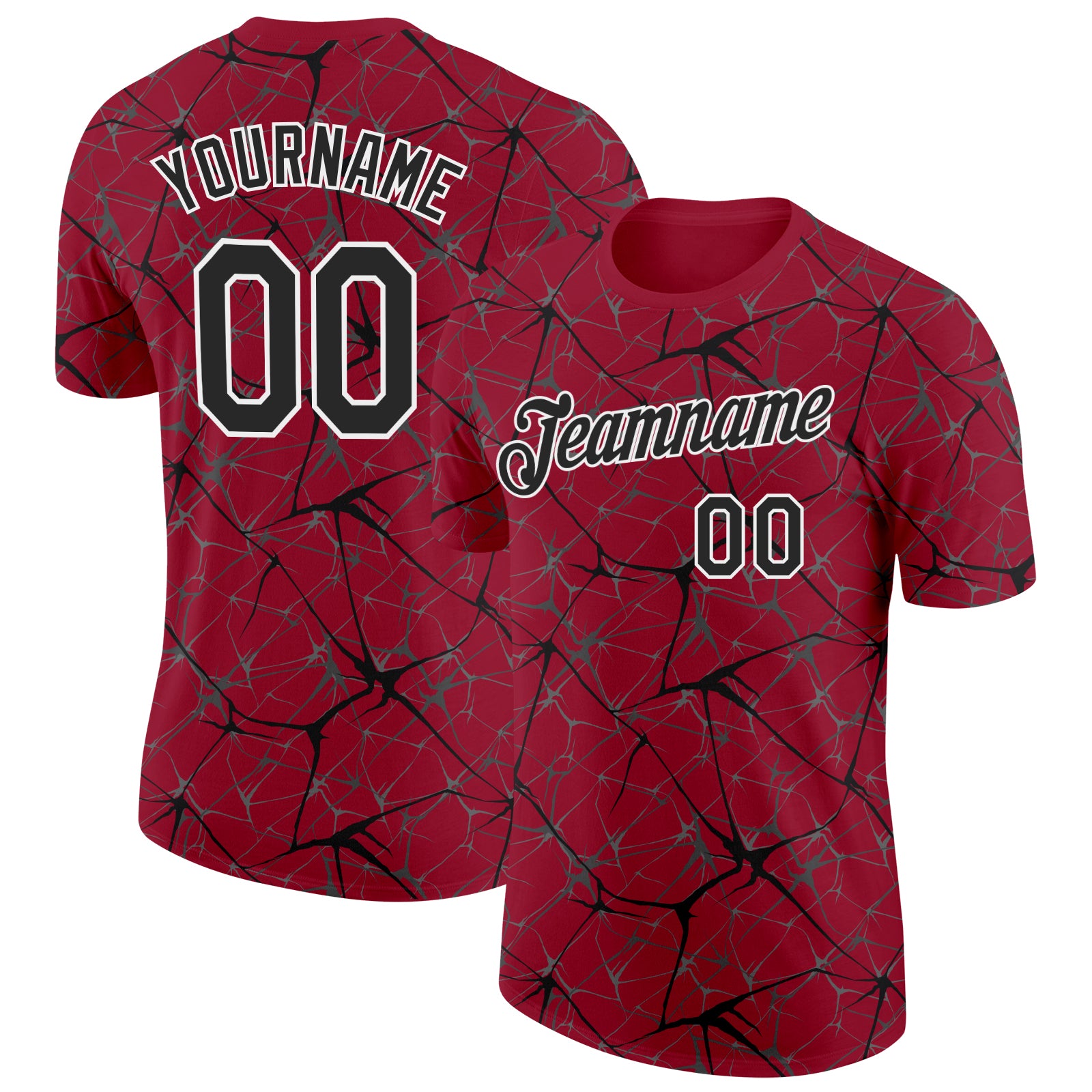 Custom Crimson Black Gray-White Abstract Network Crackle Performance T-Shirt