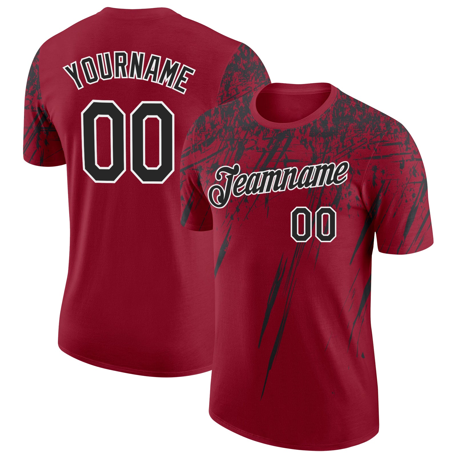 Custom Crimson Black-White Distressed Scratch Brush Stroke Performance T-Shirt