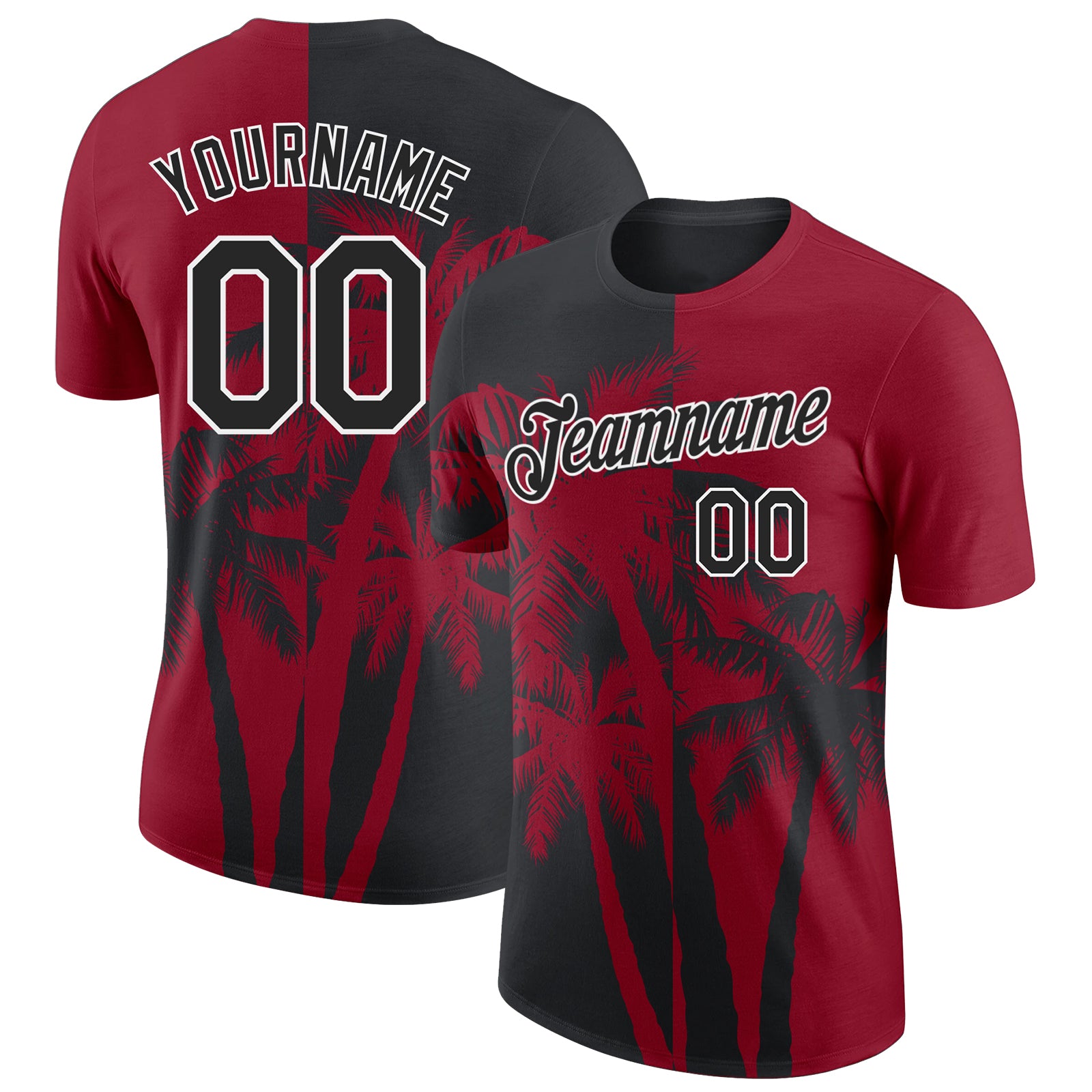 Custom Crimson Black-White Hawaii Tropical Coastal Palm Trees Performance T-Shirt