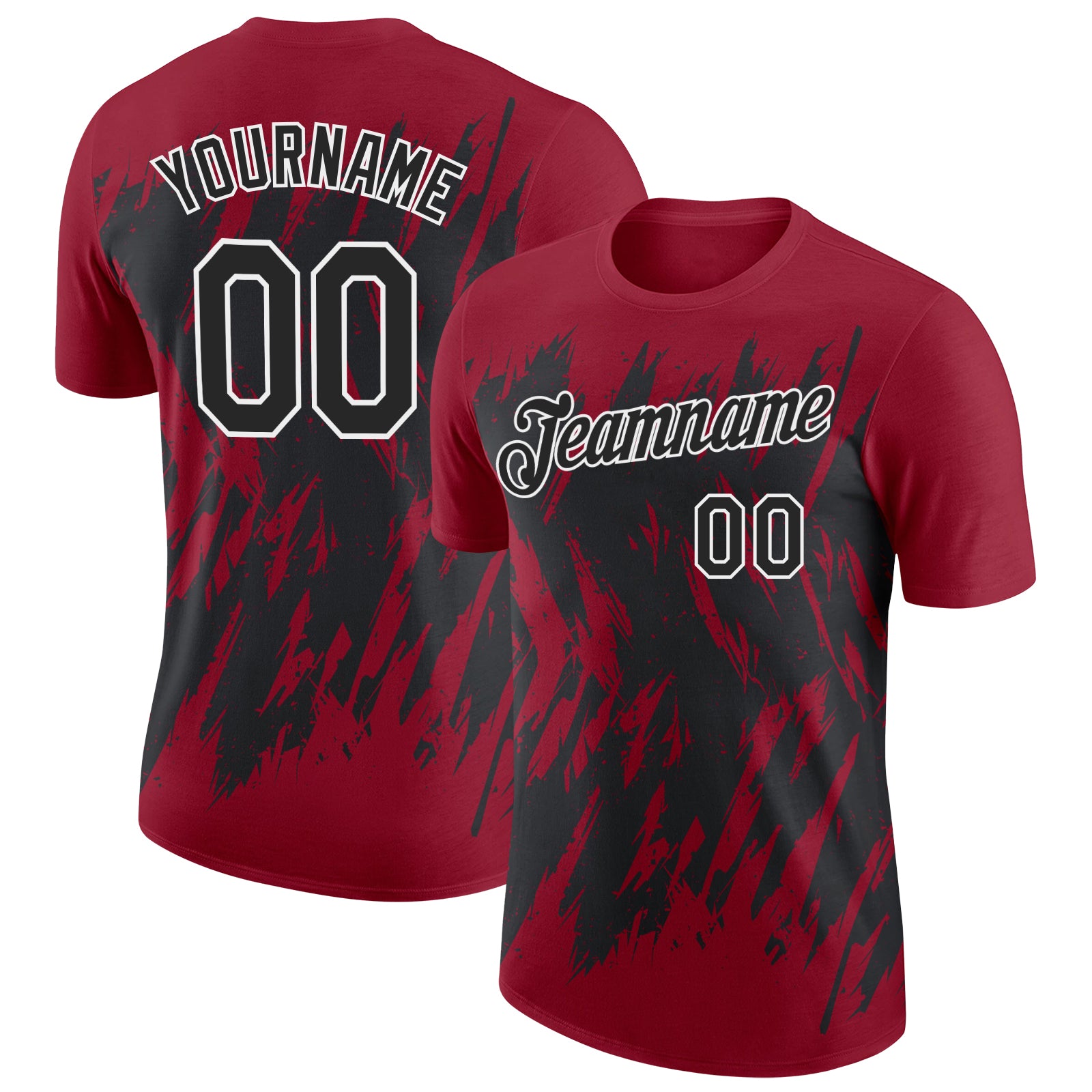 Custom Crimson Black-White Torn Sharp Brush Stroke Splatter Performance T-Shirt