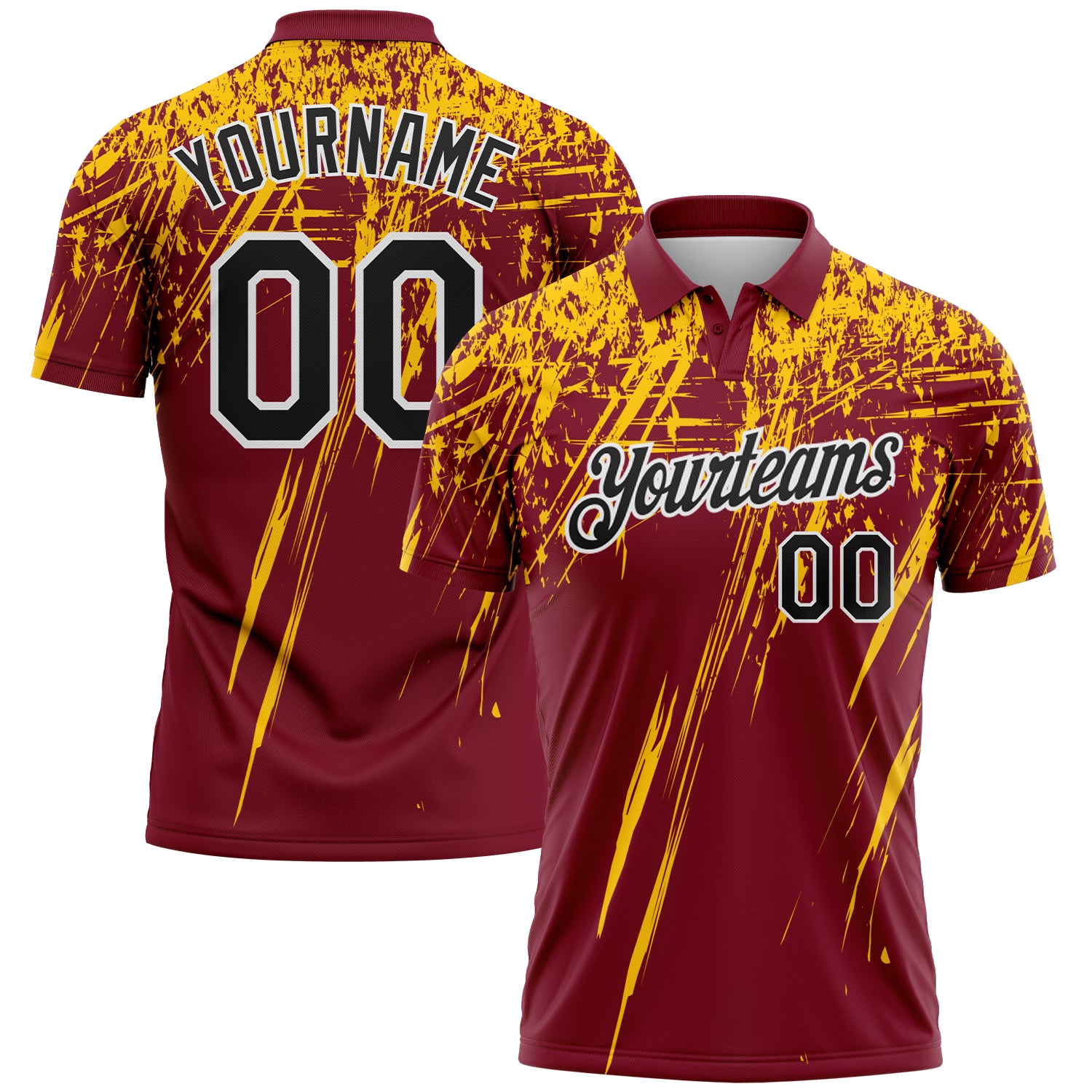 Custom Crimson Black Yellow-White Distressed Scratch Brush Stroke Performance Polo Shirt
