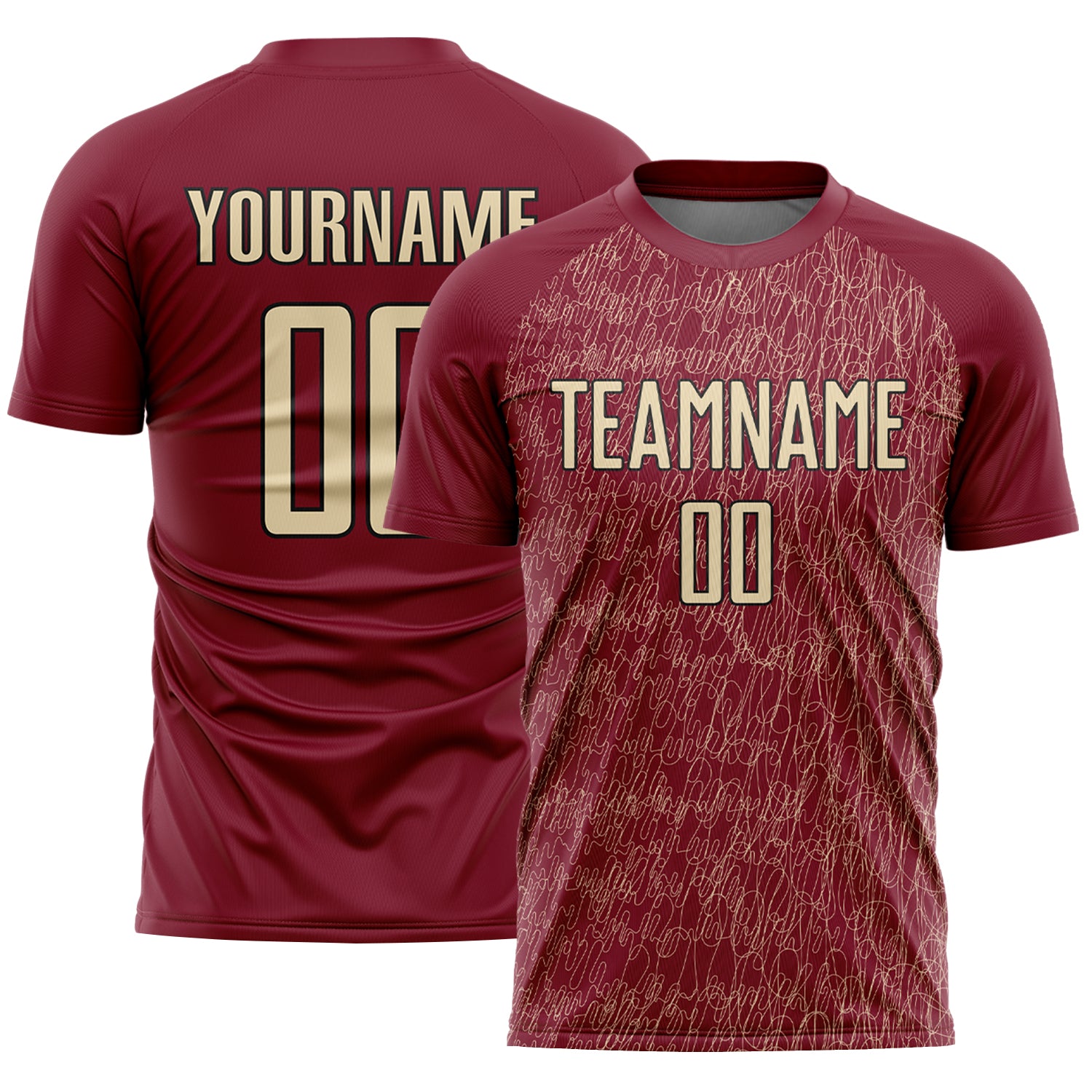 Custom Crimson Cream-Black Abstract Scribble Curve Line Pattern Sports Sublimation Soccer Uniform Jersey