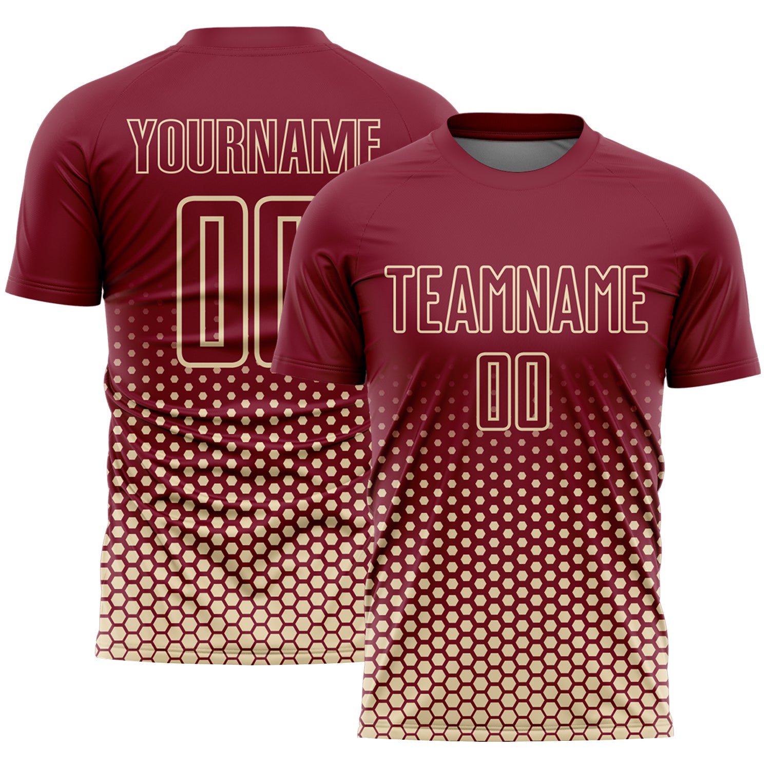Custom Crimson-Cream Geometric Hexagonal Dot Gradient Sublimation Soccer Uniform Jersey