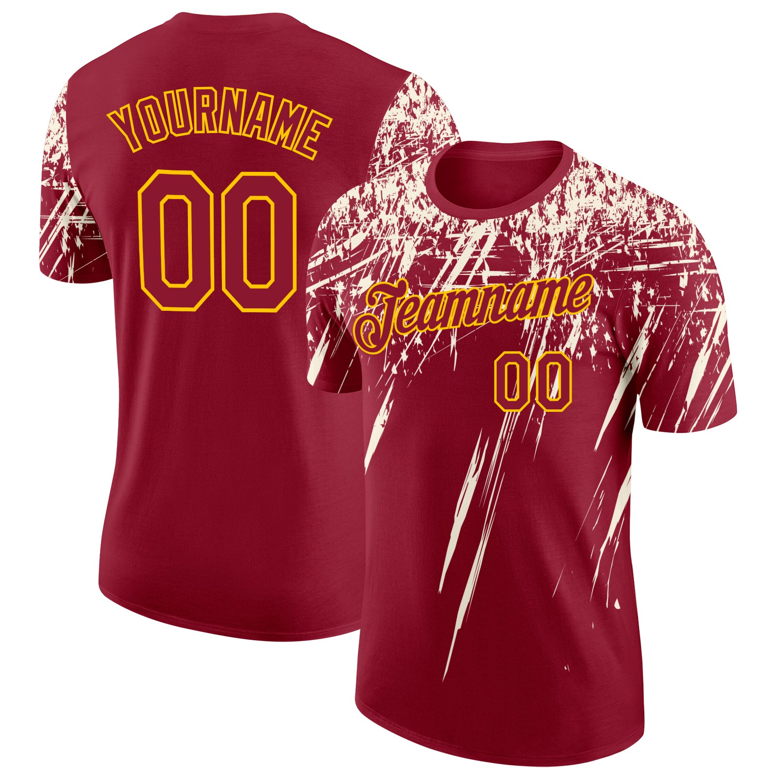 Custom Crimson Cream-Yellow Distressed Scratch Brush Stroke Performance T-Shirt