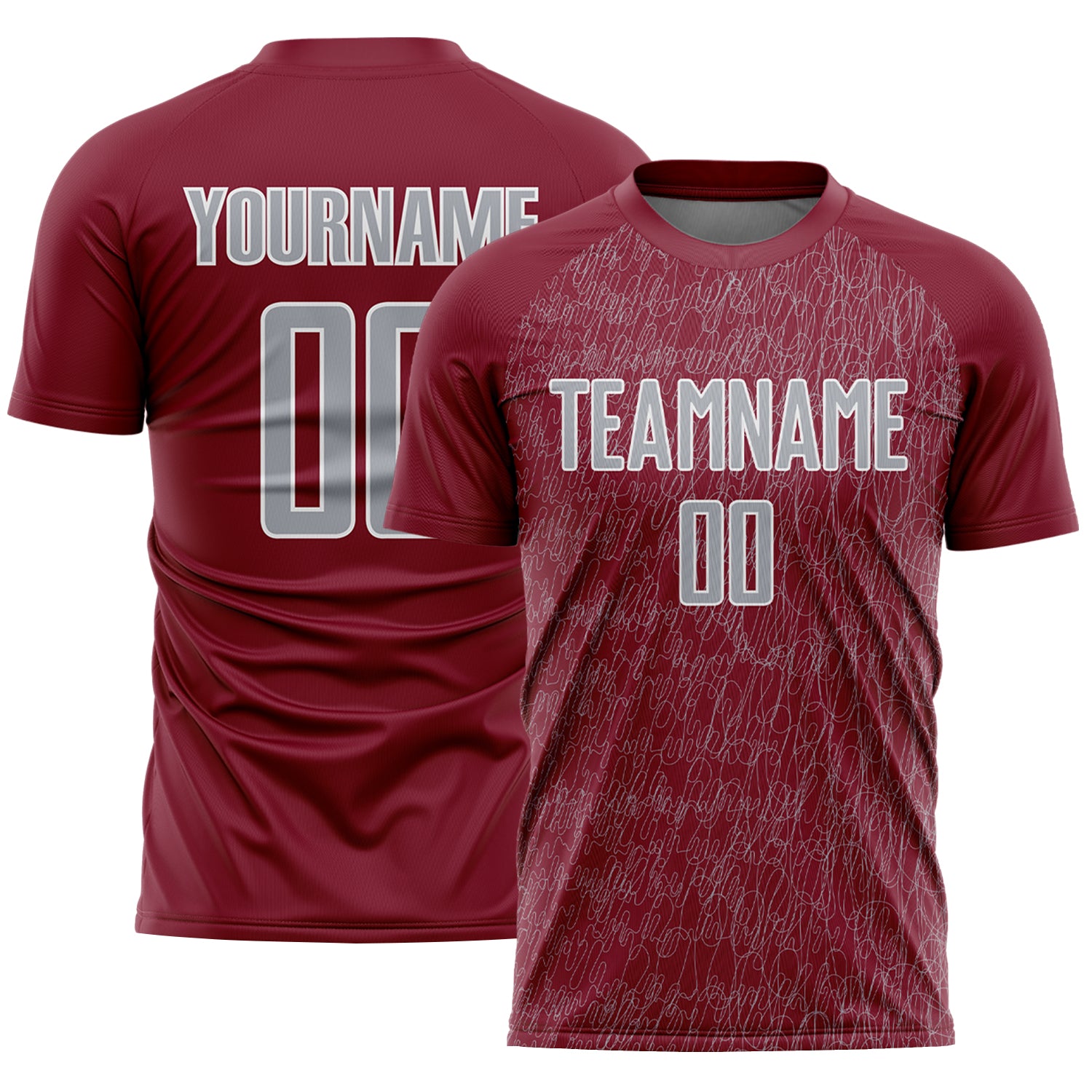 Custom Crimson Gray-White Abstract Scribble Curve Line Pattern Sports Sublimation Soccer Uniform Jersey