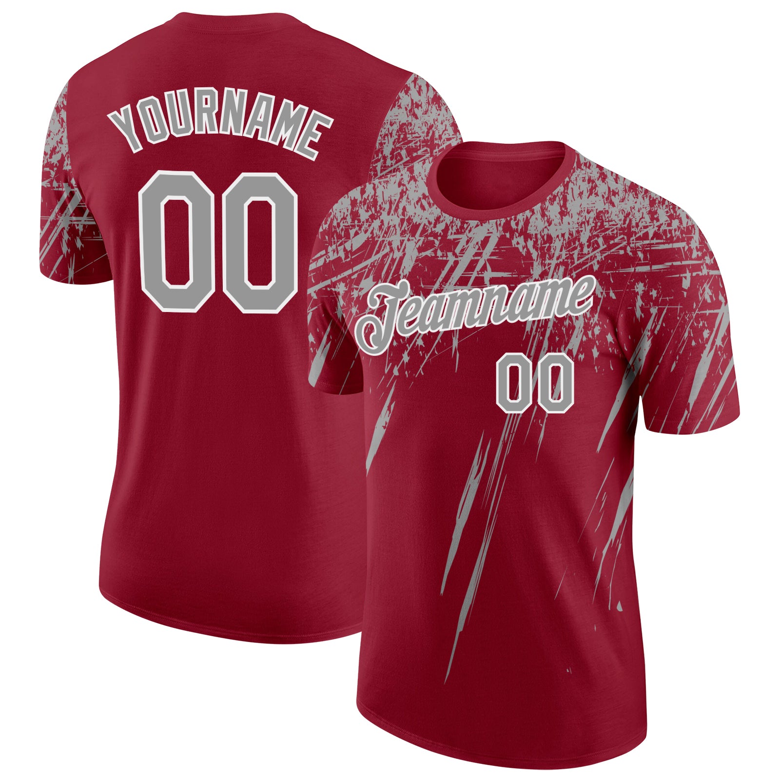 Custom Crimson Gray-White Distressed Scratch Brush Stroke Performance T-Shirt
