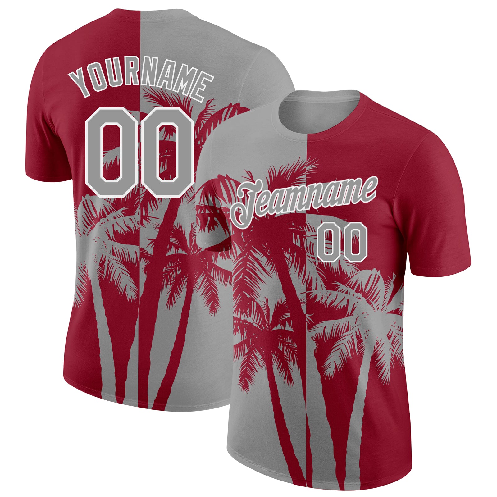 Custom Crimson Gray-White Hawaii Tropical Coastal Palm Trees Performance T-Shirt