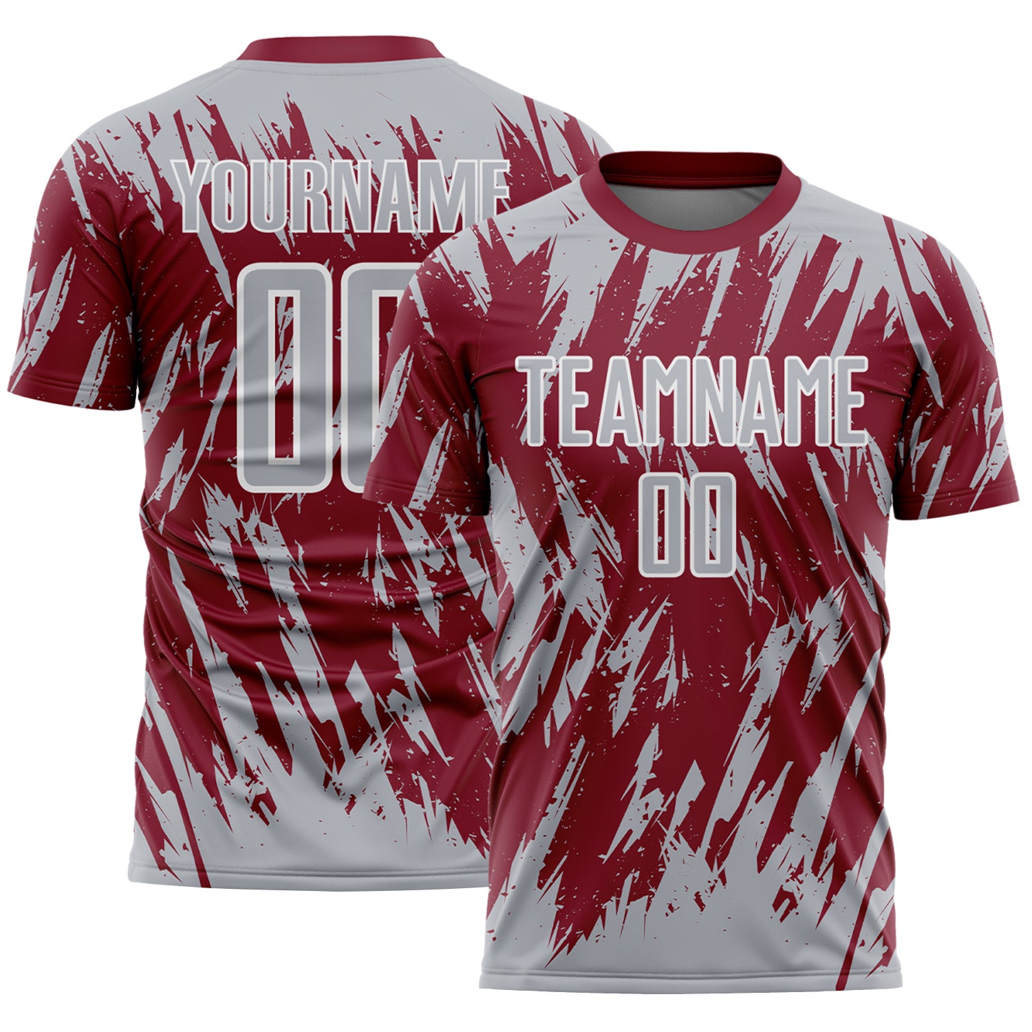 Custom Crimson Gray-White Splatter Torn Sharp Brush Stroke Sublimation Soccer Uniform Jersey