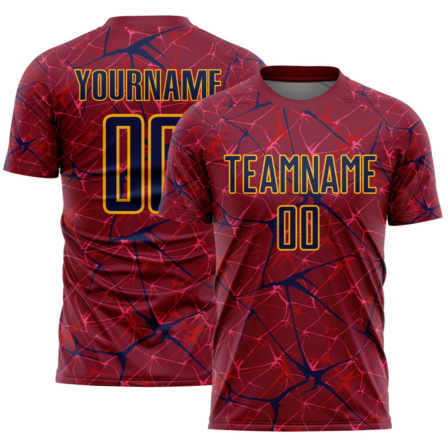 Custom Crimson Navy-Gold Abstract Network Crackle Sublimation Soccer Uniform Jersey
