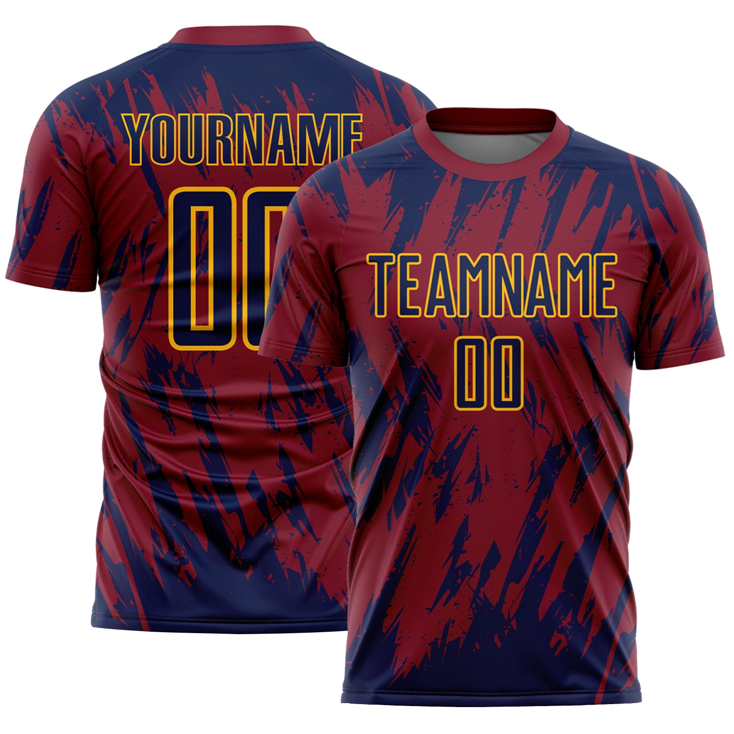 Custom Crimson Navy-Gold Splatter Torn Sharp Brush Stroke Sublimation Soccer Uniform Jersey