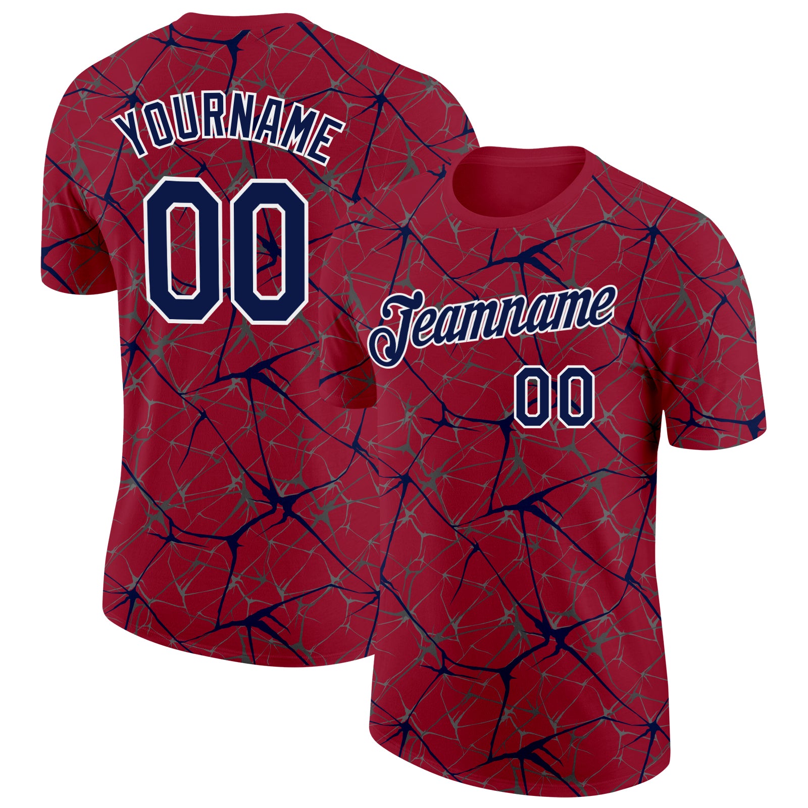 Custom Crimson Navy Gray-White Abstract Network Crackle Performance T-Shirt