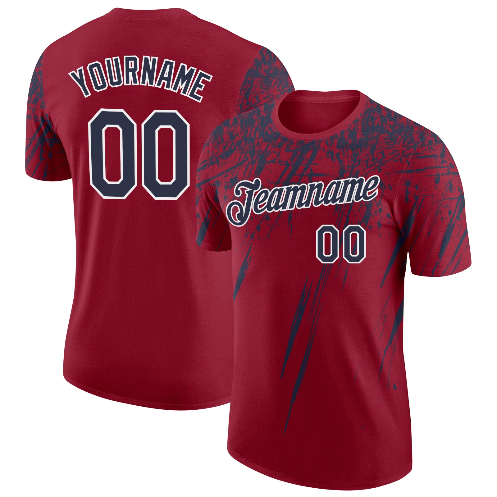 Custom Crimson Navy-White Distressed Scratch Brush Stroke Performance T-Shirt