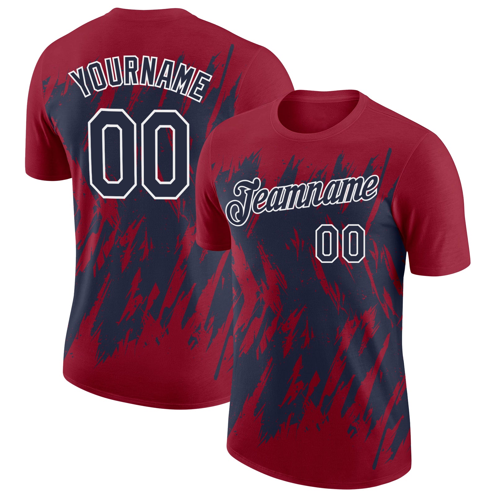 Custom Crimson Navy-White Torn Sharp Brush Stroke Splatter Performance T-Shirt