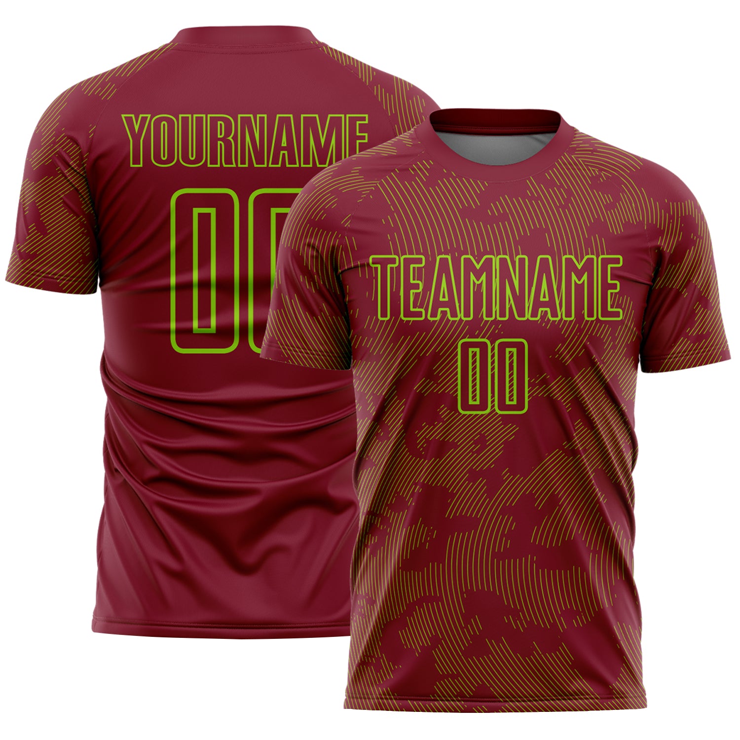 Custom Crimson-Neon Green Curve Lines Sublimation Soccer Uniform Jersey