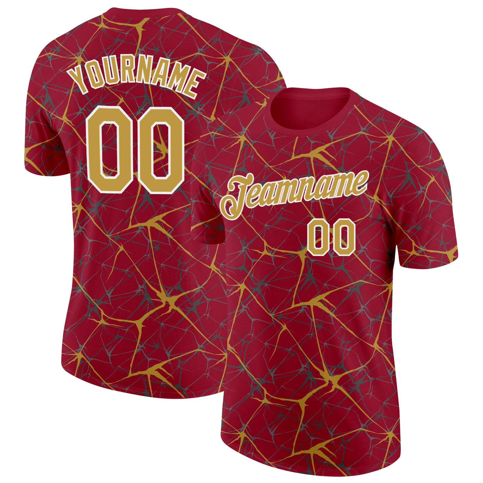 Custom Crimson Old Gold Gray-White Abstract Network Crackle Performance T-Shirt