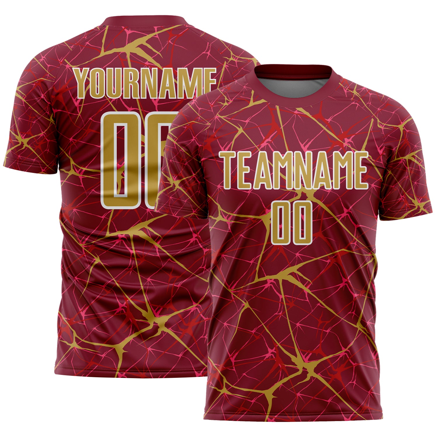 Custom Crimson Old Gold-White Abstract Network Crackle Sublimation Soccer Uniform Jersey