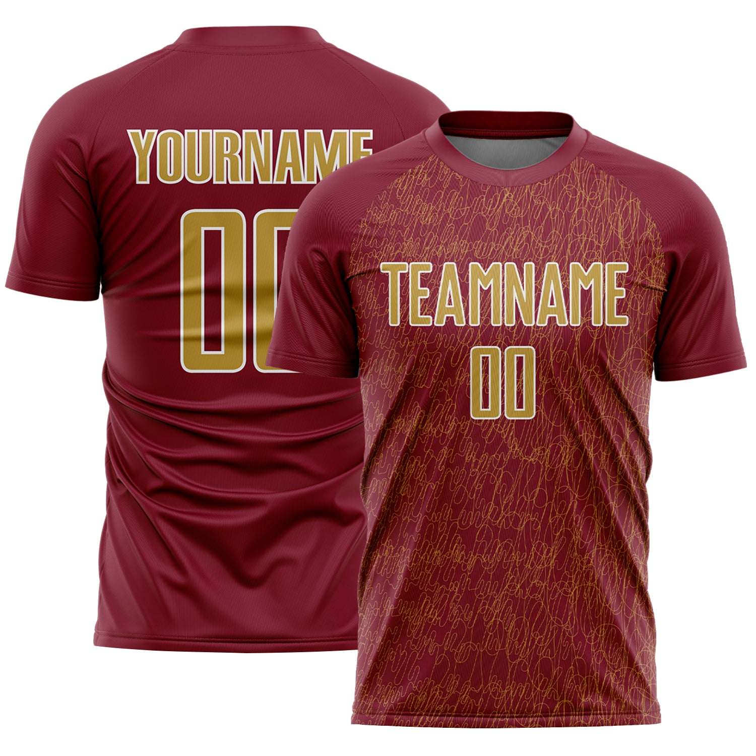 Custom Crimson Old Gold-White Abstract Scribble Curve Line Pattern Sports Sublimation Soccer Uniform Jersey