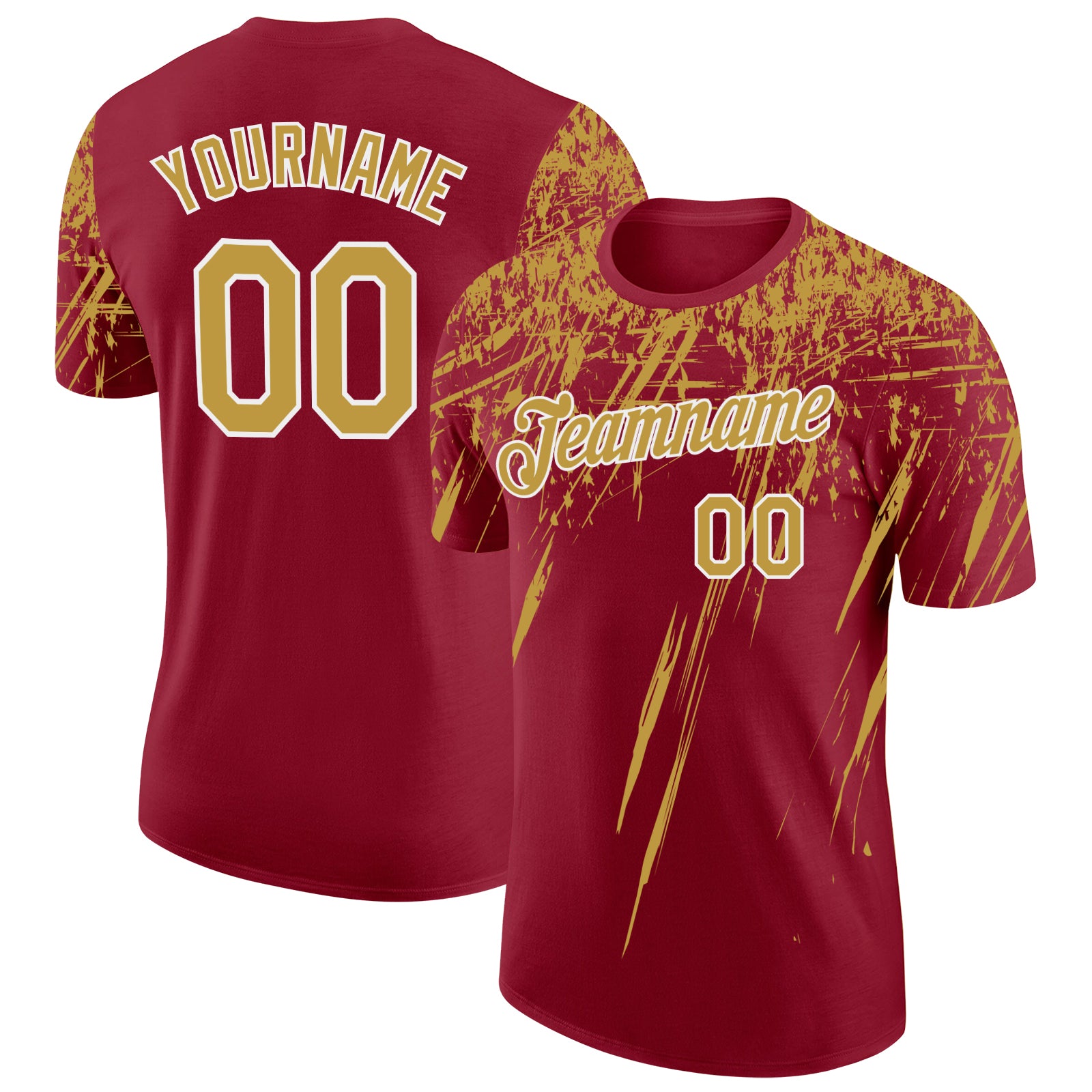Custom Crimson Old Gold-White Distressed Scratch Brush Stroke Performance T-Shirt