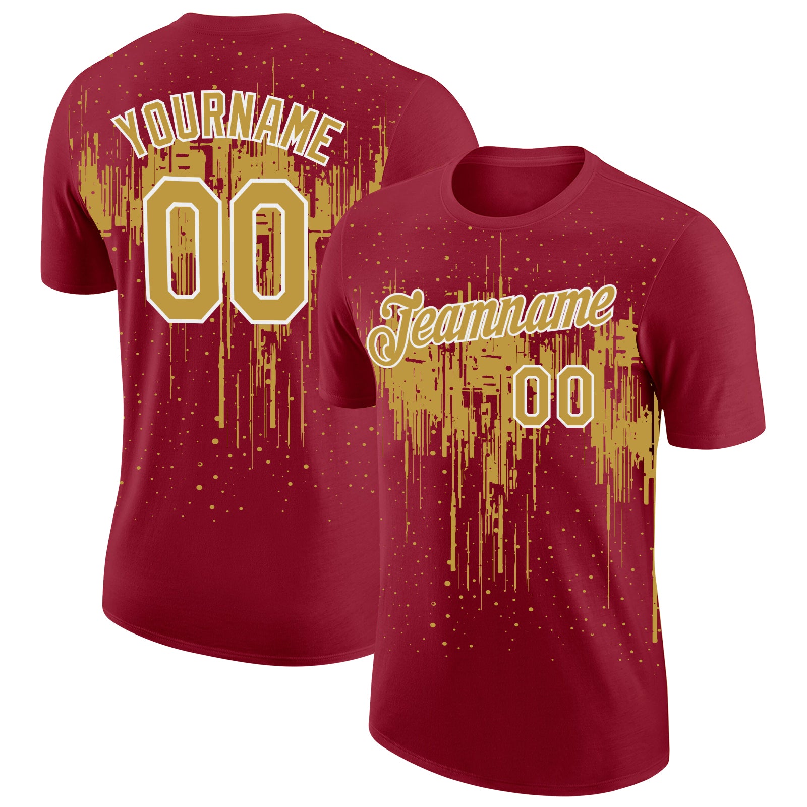 Custom Crimson Old Gold-White Dripping Splatter Paint Performance T-Shirt