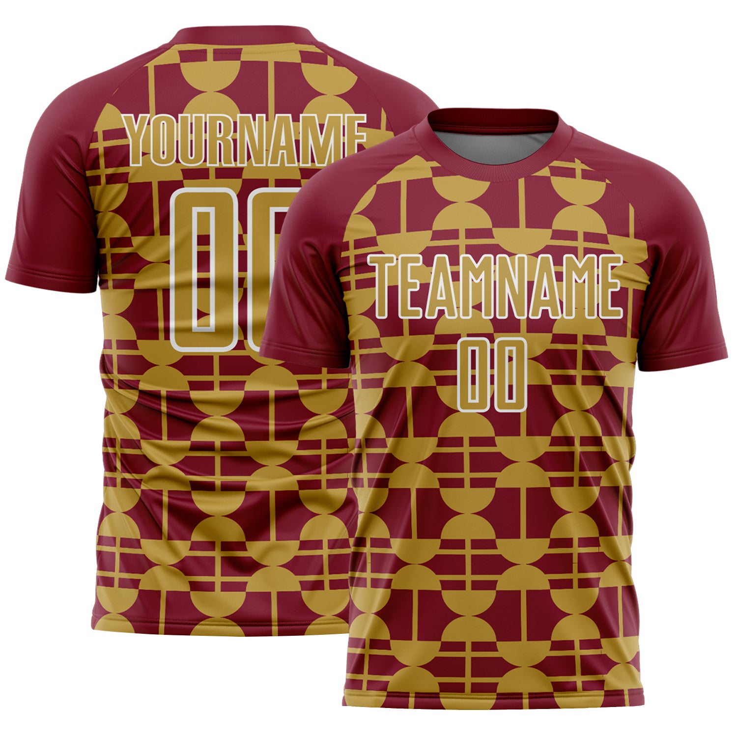 Custom Crimson Old Gold-White Geometric Shapes Sports Sublimation Soccer Uniform Jersey