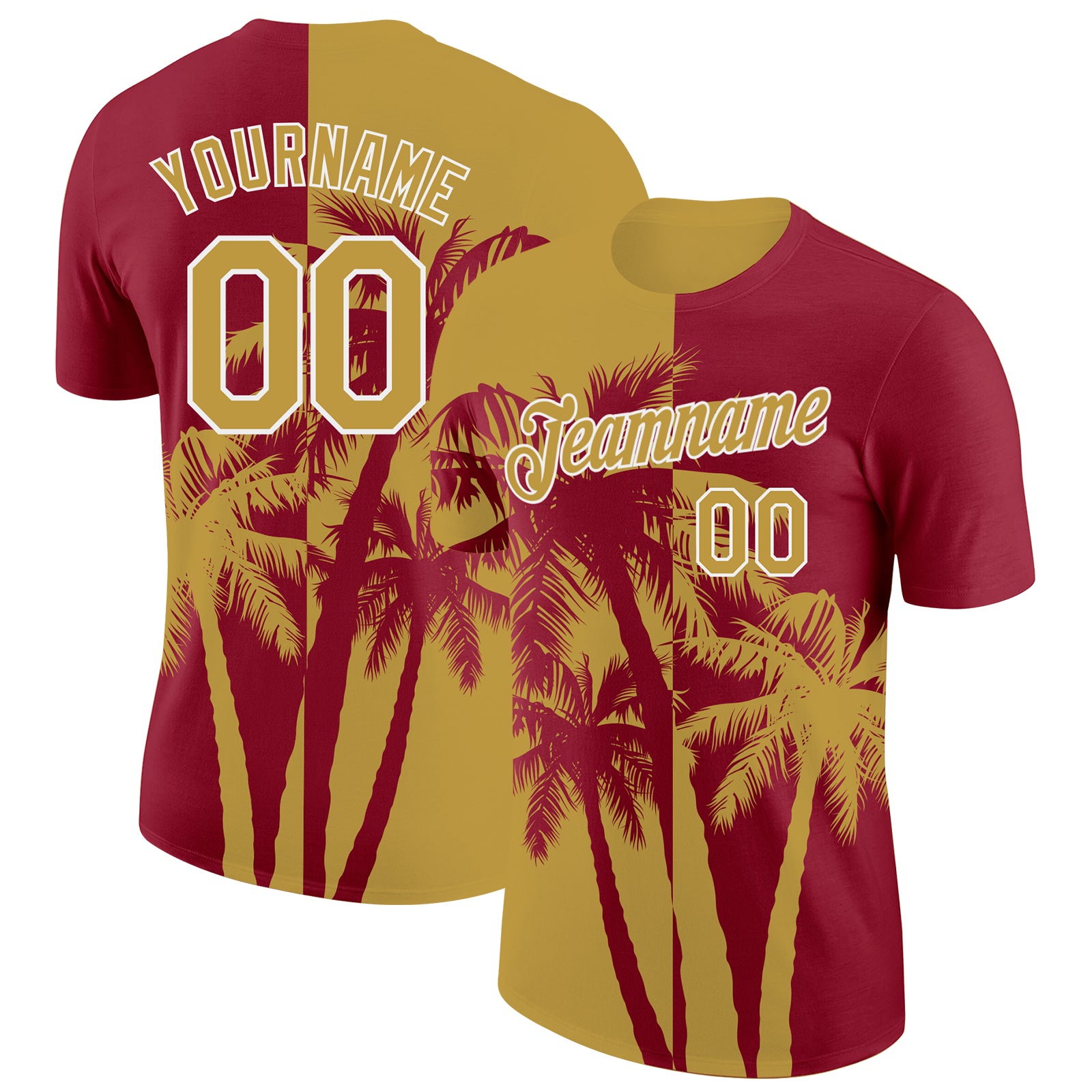 Custom Crimson Old Gold-White Hawaii Tropical Coastal Palm Trees Performance T-Shirt